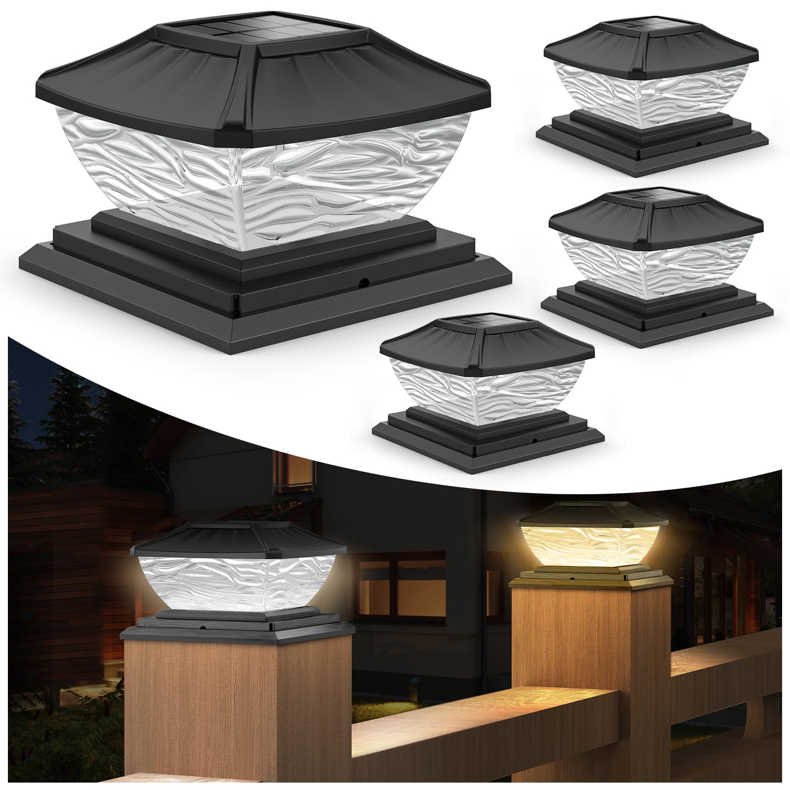 SOLLUCIS Solar Post Cap Lights - Super Bright 8 LED Solar Powered Fence Lights with 2 Color Modes (20 Lumen) - Waterproof Outdoor Solar Lights for 4x4, 5x5, 6x6 Wooden Posts - Perfect for Garden, Patio, Deck, Pathway, and Backyard Decoration