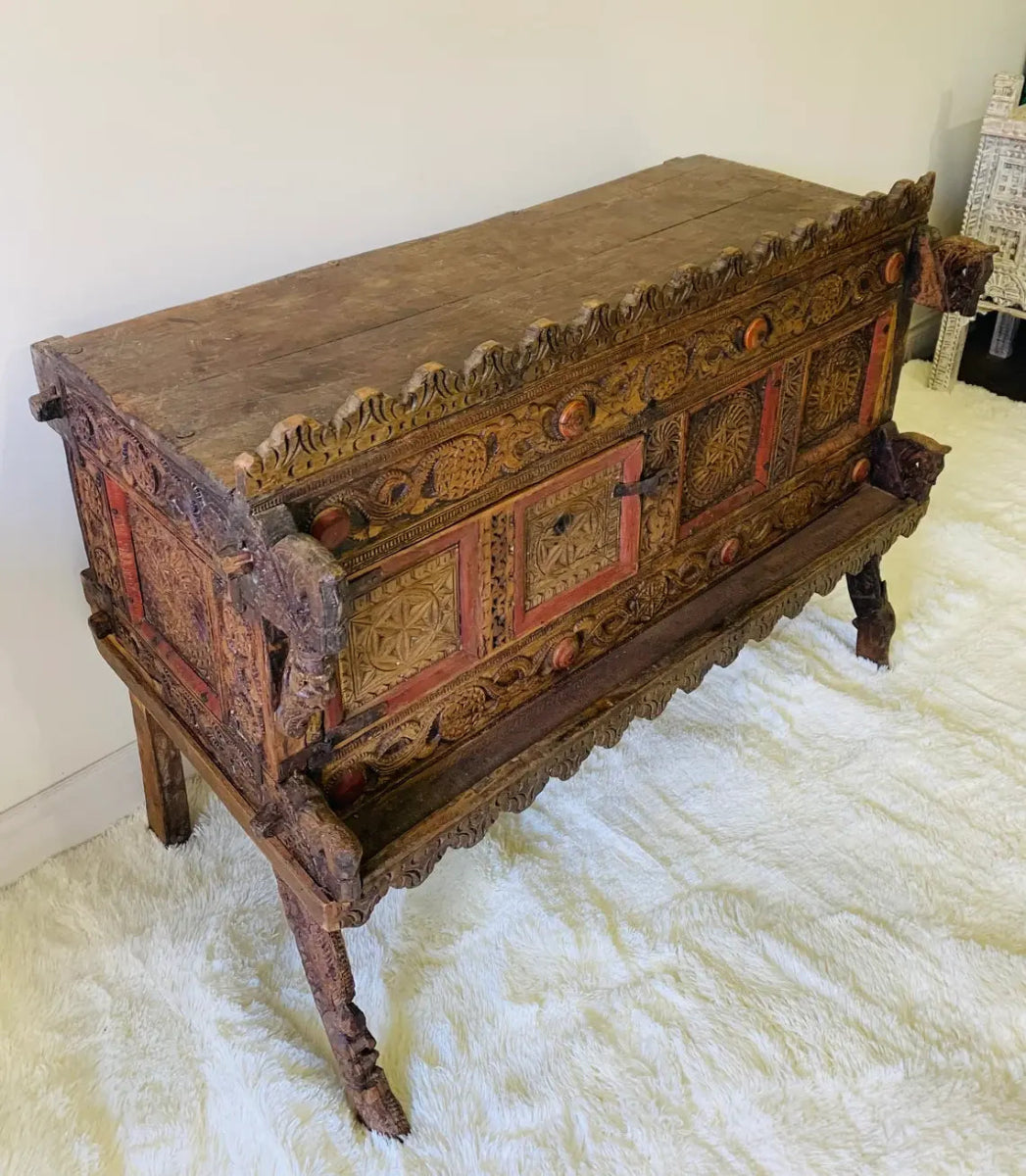 Hand Carved Rustic Wooden Indian Sideboard - Hope Chest & Dowry Storage - Traditional Damchiya for Home Decor & Wedding Gifts | Perfect for Bedroom, Living Room & Cultural Celebrations