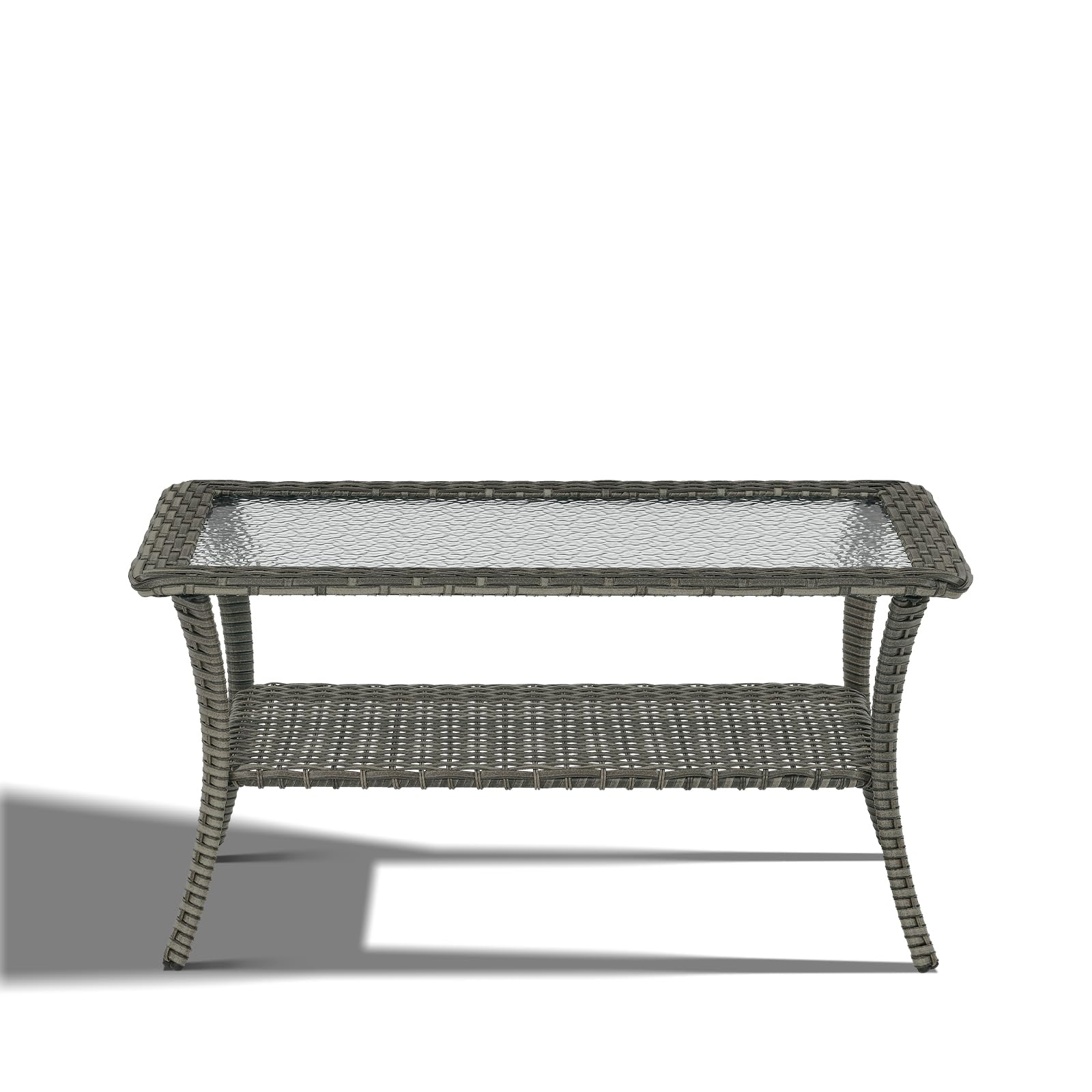 Outdoor Coffee Table - Rattan Wicker Patio Table with Tempered Glass Top & 2-Tier Storage - Weatherproof Furniture for Deck, Porch, Balcony, Garden - Grey - Perfect for Outdoor Relaxation & Entertaining
