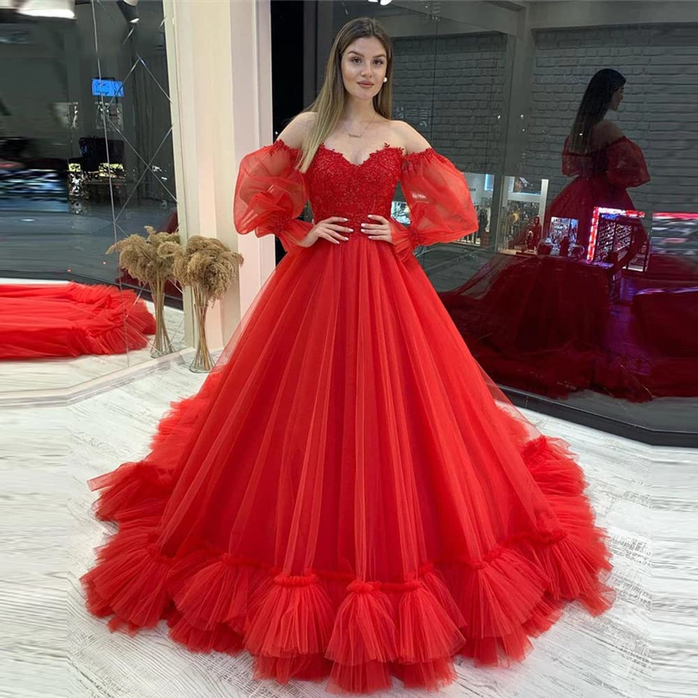 Elegant Off Shoulder Lace Ball Gown Quinceanera Dress - Long Sleeve Wedding Dress in Dusty Blue | Plus Size Bridal Gown for Quinceañera, Prom & Formal Events