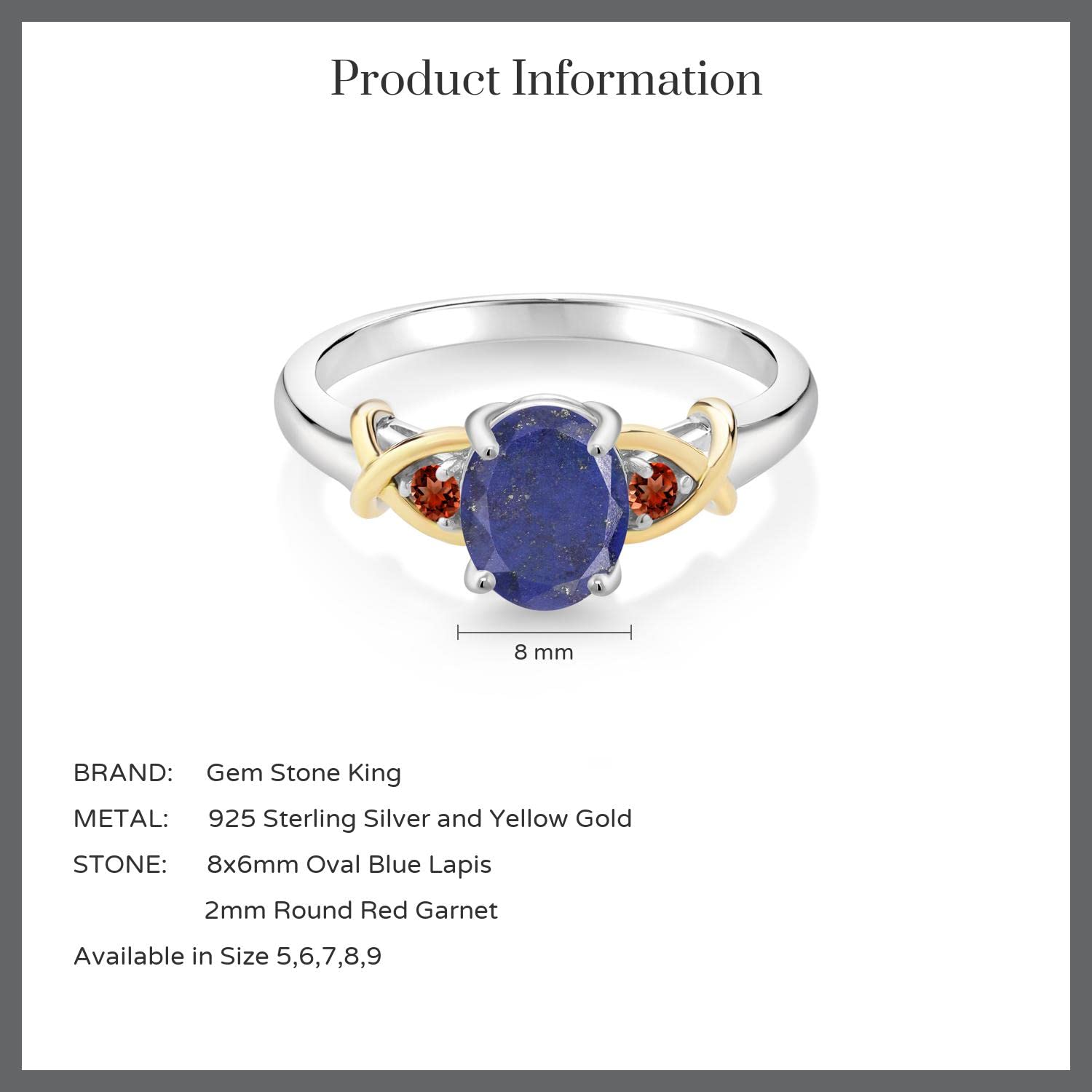1.50 Ct Oval Blue Lapis & Red Garnet Ring in 925 Sterling Silver & 10K Yellow Gold | Gem Stone King | Elegant Jewelry for Women, Perfect for Weddings, Anniversaries & Special Occasions