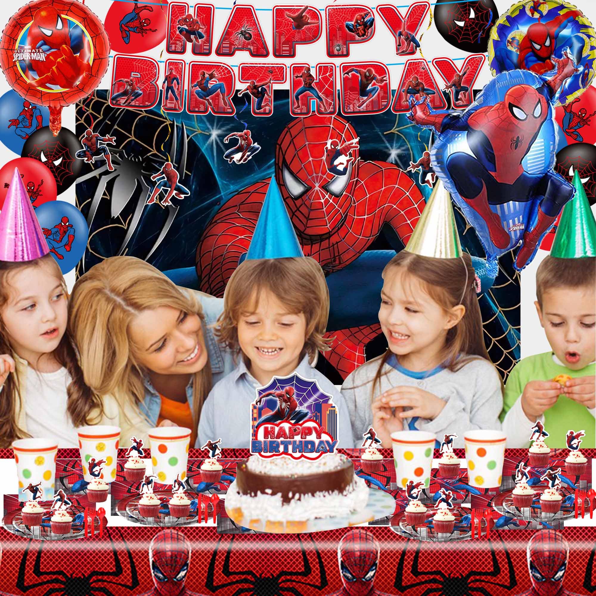 Spider Themed Birthday Party Decorations Kit - Includes Tablecloth, Paper Plates, Banner, Balloons, Backdrop, Hanging Swirls & Cupcake Toppers for 10 Guests | Perfect for Halloween, Kids Birthday Parties & Spooky Themed Events