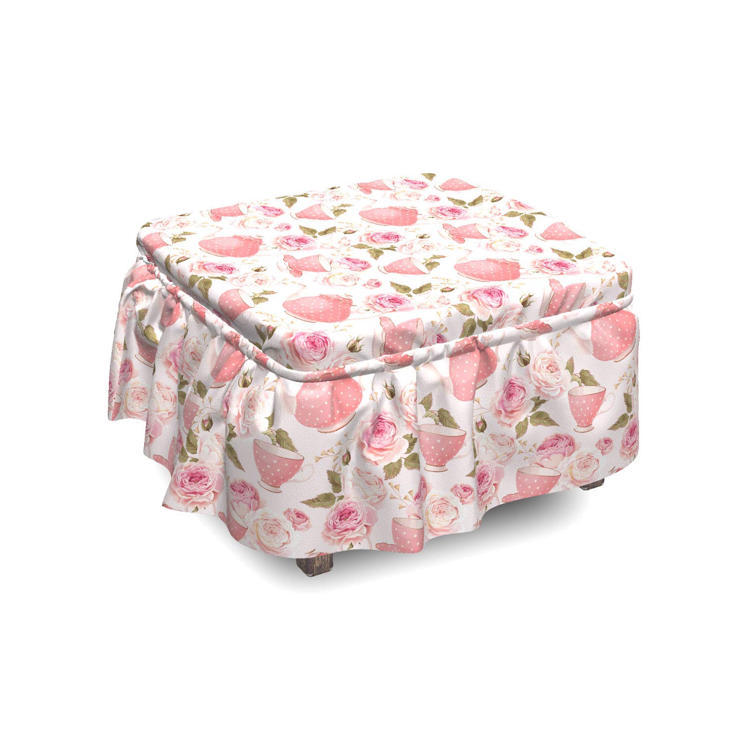 Ambesonne Floral Ottoman Cover Set - Vintage Tea Cup Roses 2-Piece Slipcover with Ruffle Skirt for Square/Round Footstools | Standard Size in Pale Pink, Coral & Fern Green | Home Decor Accent for Living Room, Bedroom & Nursery