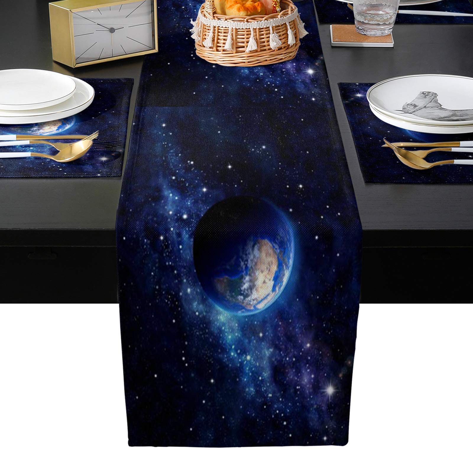 72 Inch Galaxy Earth Space Nebula Table Runner & 6-Piece Placemats Set - Heat Resistant Cotton Linen Dining Table Decor for Home, Parties & Special Occasions