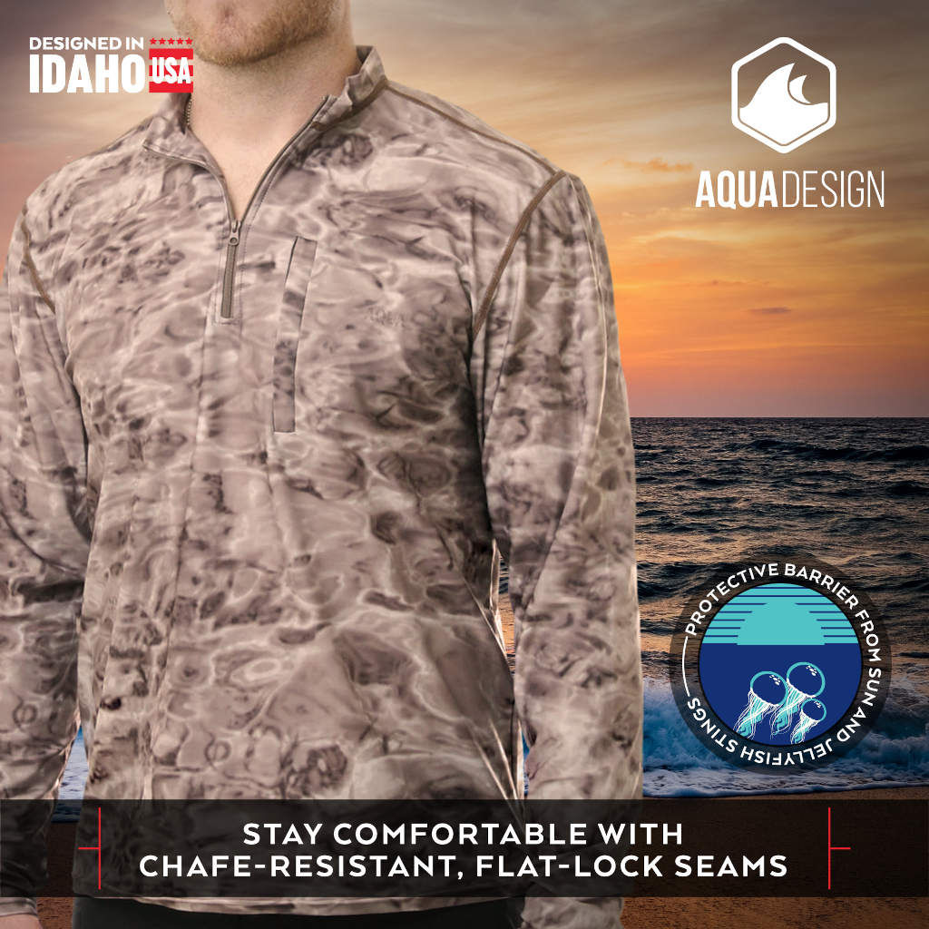 Men's 1/4 Zip Long Sleeve Camouflage Fishing Shirt with UPF Protection - Aqua Camo Design for Outdoor Activities, Hiking & Fishing Gear
