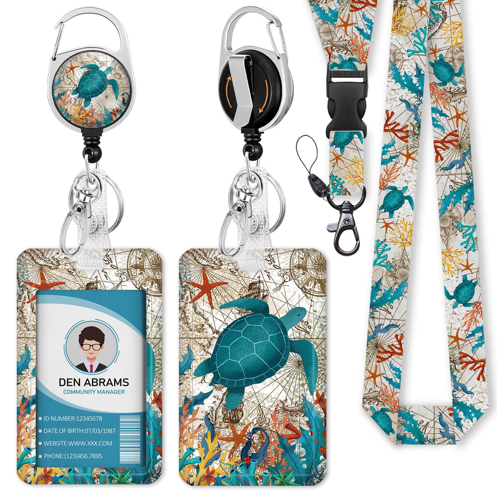Retractable ID Badge Lanyard for Nurses, Teachers & Students - Cute Sea Turtle Design