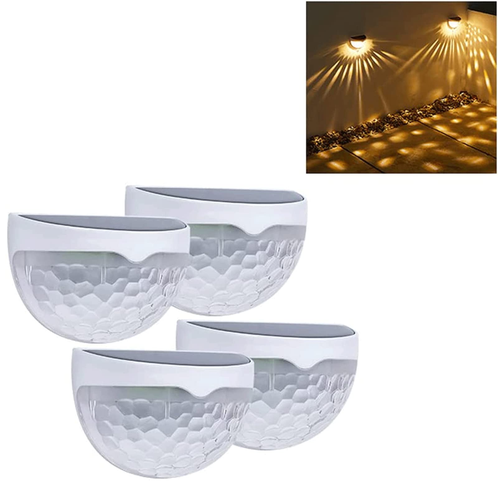 RIKLRQC 4PCS Solar Wall Lights Outdoor - Waterproof LED Solar Fence Lights for Garden Decor, Yard, Pathway & Stair Lighting - Warm White Wall-Mounted Exterior Lights for Front Door, Patio & Landscape Illumination