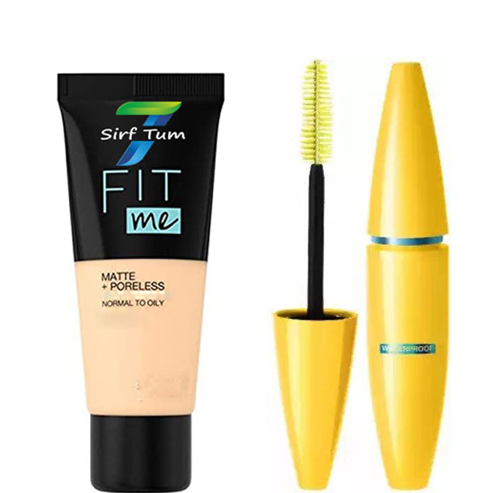 SIRF TUM 7 Natural Look Waterproof Black Mascara & Maybelline Fit Me Matte + Poreless Liquid Foundation - Long Lasting Makeup Combo for Everyday Wear & Special Occasions