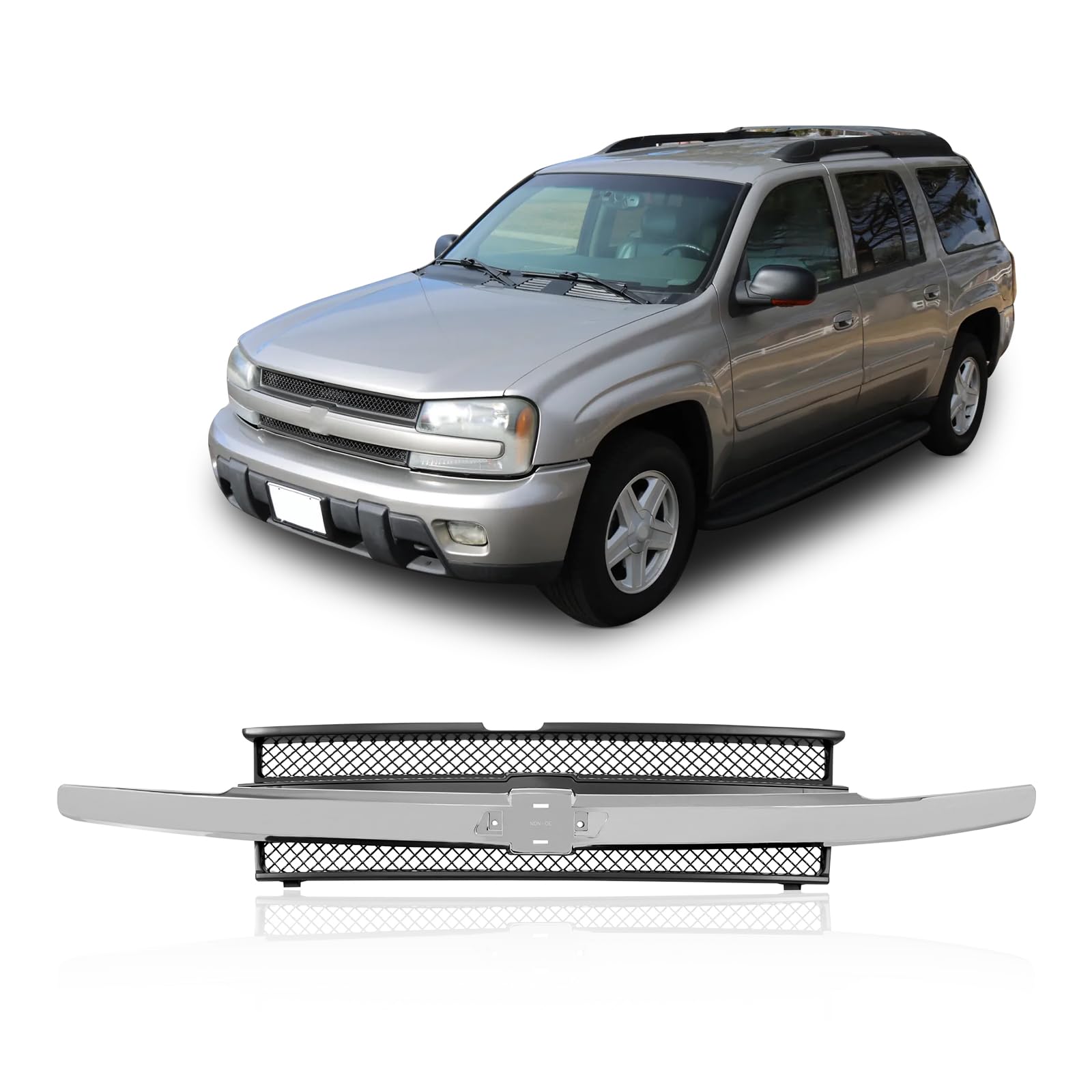 Black Mesh Front Grille Grill Assembly with Chrome Outer Bar Molding for 2002-2005 Chevrolet Trailblazer | GM1200477 10358128 Replacement | Off-Road & Custom Car Upgrade