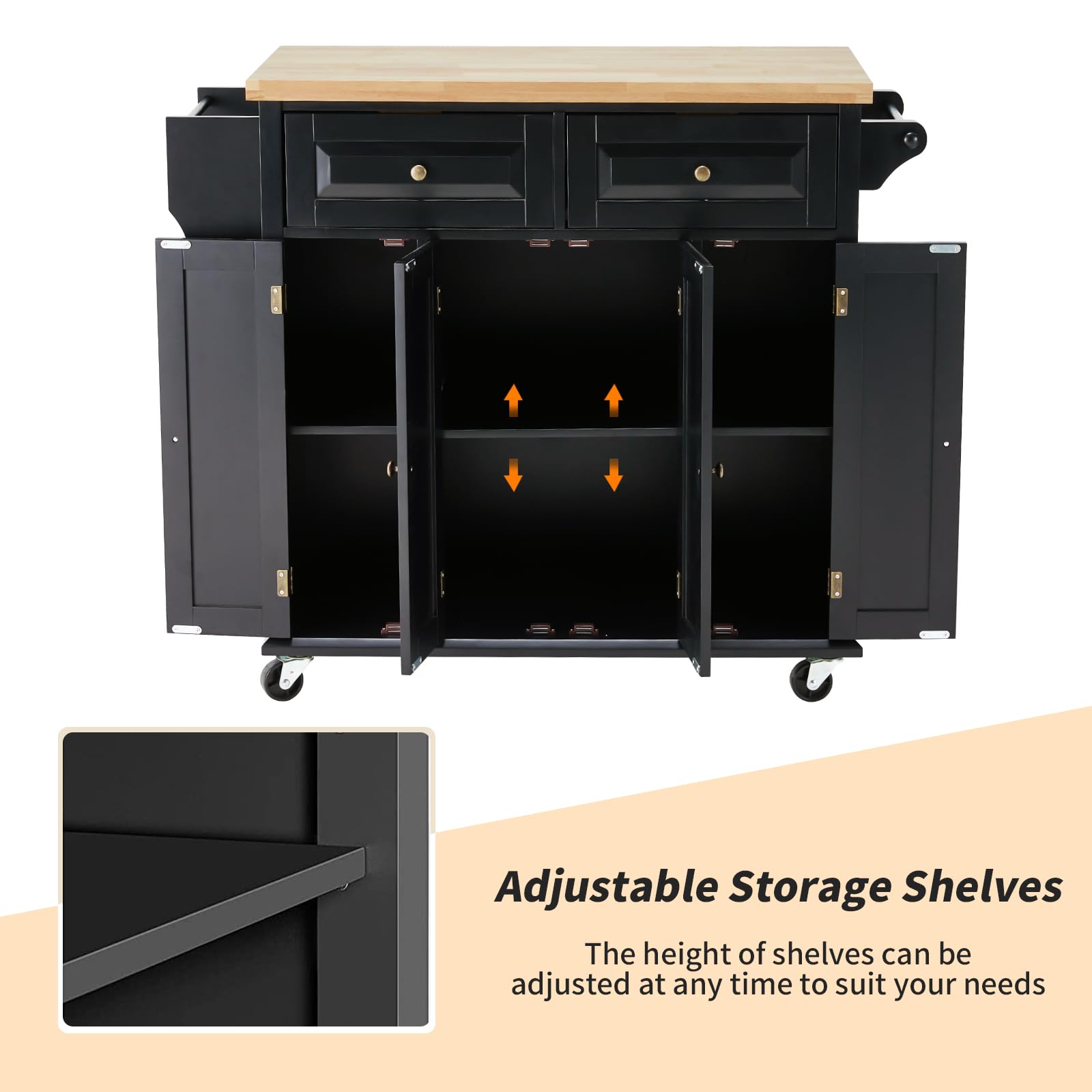 AVAWING Kitchen Island with Drop-Leaf Tabletop - 2 Drawers, Lockable Wheels, Spice & Towel Rack - Rubber Wood Kitchen Cart for Storage & Dining Room - Black | Perfect for Small Kitchens, Breakfast Nooks & Extra Counter Space