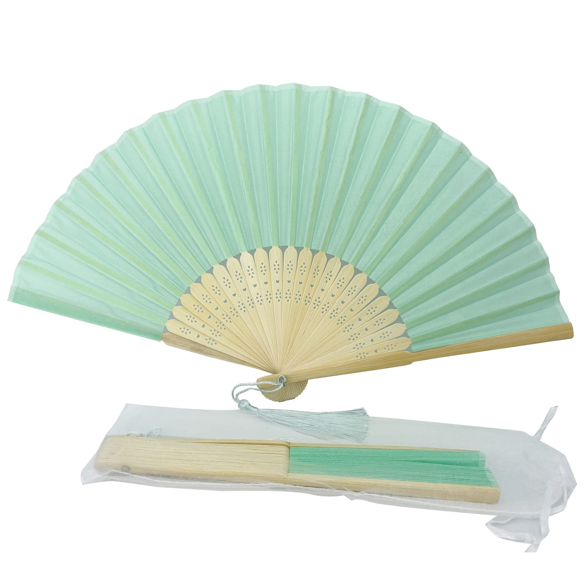 Premium Handheld Folding Fan with Tassel - Grade A Bamboo Ribs for Women & Girls | Summer Cooling Accessory for Parties, Weddings, Birthdays & Outdoor Events | Light Turquoise Fabric Fan - Perfect Gift & Souvenir