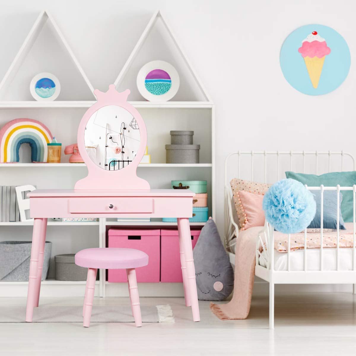 GOFLAME Pink Wooden Princess Vanity Set for Girls - Kids Dressing Table with Real Mirror, Makeup Play Set, Pull-Out Drawer & Cushioned Stool - Perfect for Pretend Play, Birthday Gifts & Bedroom Decor