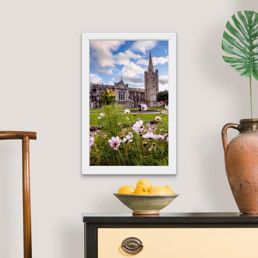 St. Patrick's Cathedral and Flowers - White Framed Art Print - European Wall Decor for Home, Office & Church Interiors