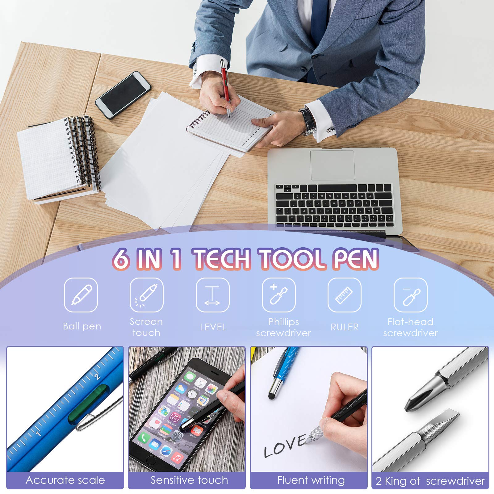 30-in-1 Multifunctional Tech Pen Tool Kit with Ruler, Level Gauge, Ballpoint Pen, Stylus, Screwdrivers - Perfect Christmas/Birthday Gift for Men, Dad, DIY Enthusiasts - Ideal for Office, Home Repairs, and Everyday Carry (EDC)