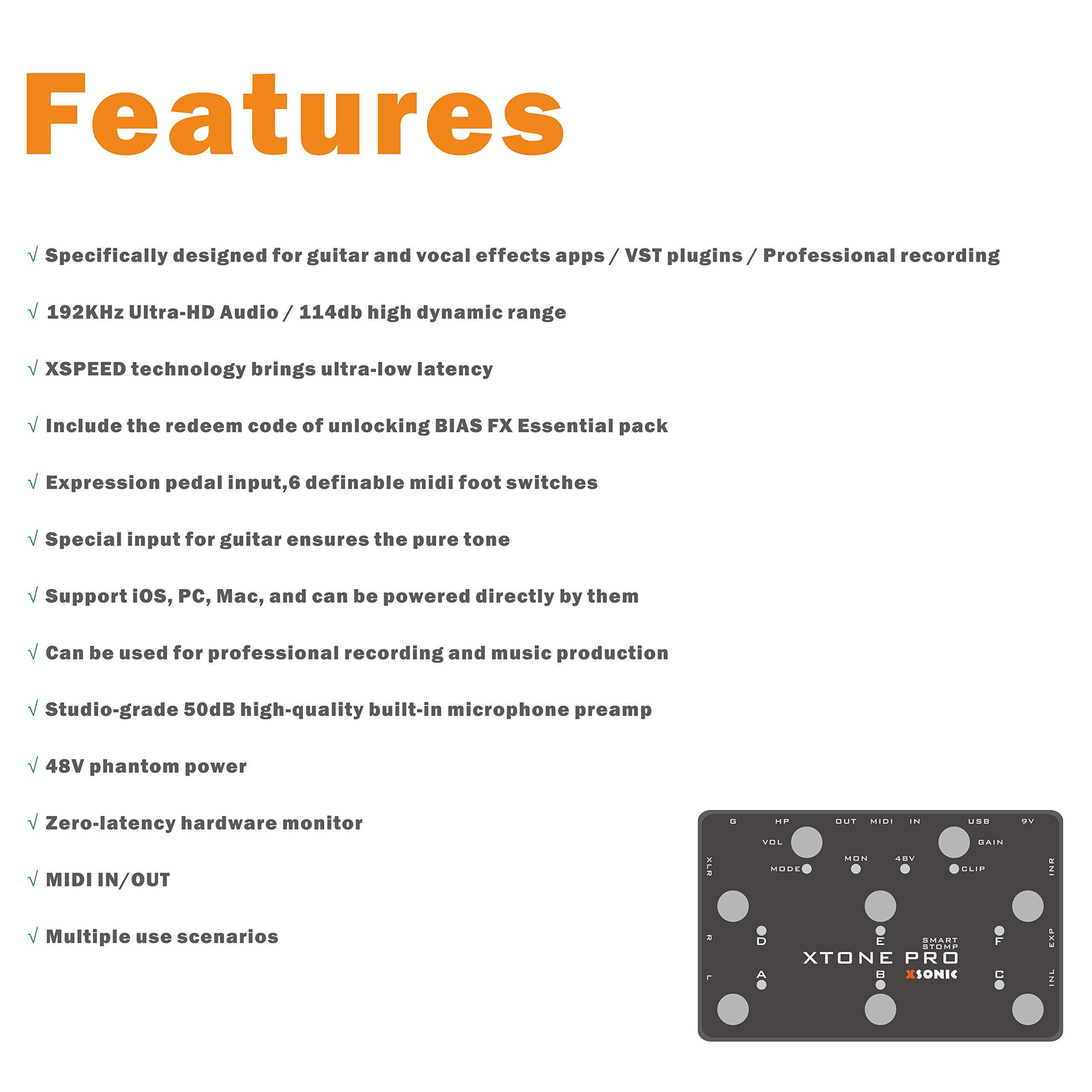 XTONE PRO 192K Professional Audio Interface - Ultra Low Latency 192KHz/114dB with Dual Inputs, Mic Preamp & Expression Pedal for Guitar, Bass & Studio Recording - Perfect for Live Performances, Home Studios & Mobile Music Production