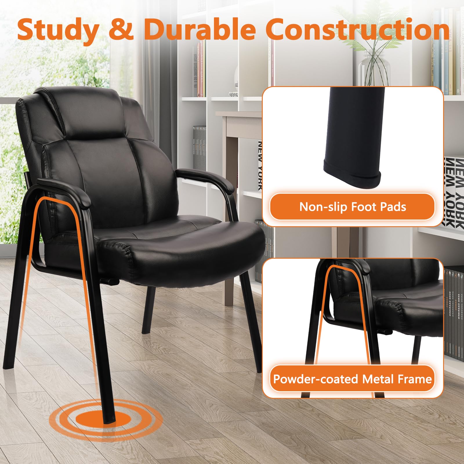 CLATINA 500 LBS Capacity Big & Tall Heavy Duty Guest Chair - Wide Leather Reception Chair with Padded Armrests, No Wheels - Executive Office Desk Chair for Conference, Meeting, Waiting Room & Home Use - Perfect for Corporate Offices, Reception Areas and Home Offices - Black