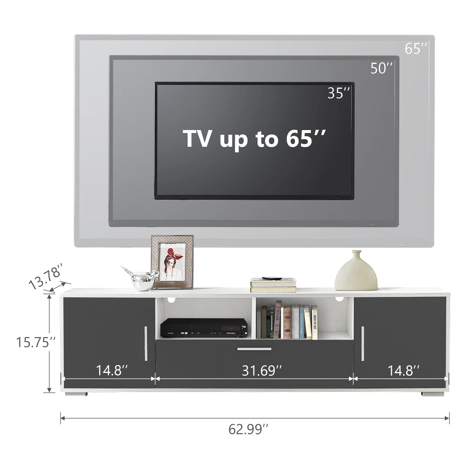 65 Inch LED TV Stand with Storage - High Gloss Entertainment Center TV Console Table Cabinet for Living Room & Bedroom (Grey) - Perfect for Home Theater Setup & Living Room Organization
