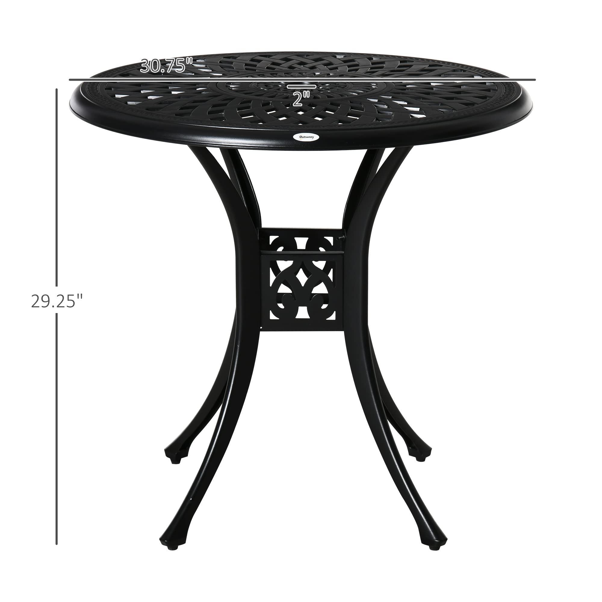 Outsunny 30 Inch Round Outdoor Patio Dining Table with Umbrella Hole - Antique Cast Aluminum Bistro Table for Garden, Backyard, Poolside - Weather Resistant Black Metal Table for Outdoor Entertaining