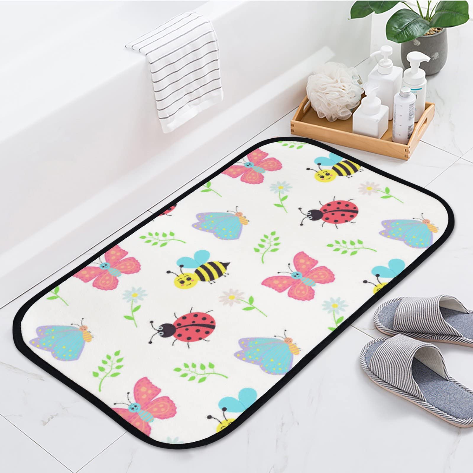 Soft Foam Non-Slip Washable Area Rugs - Cute Butterfly, Bee & Ladybug Design for Kitchen, Bathroom - Indoor/Outdoor Home Decor (23.6x15.7 Inches) - Perfect for Kids' Rooms, Nursery, Dorm & Pet-Friendly Spaces