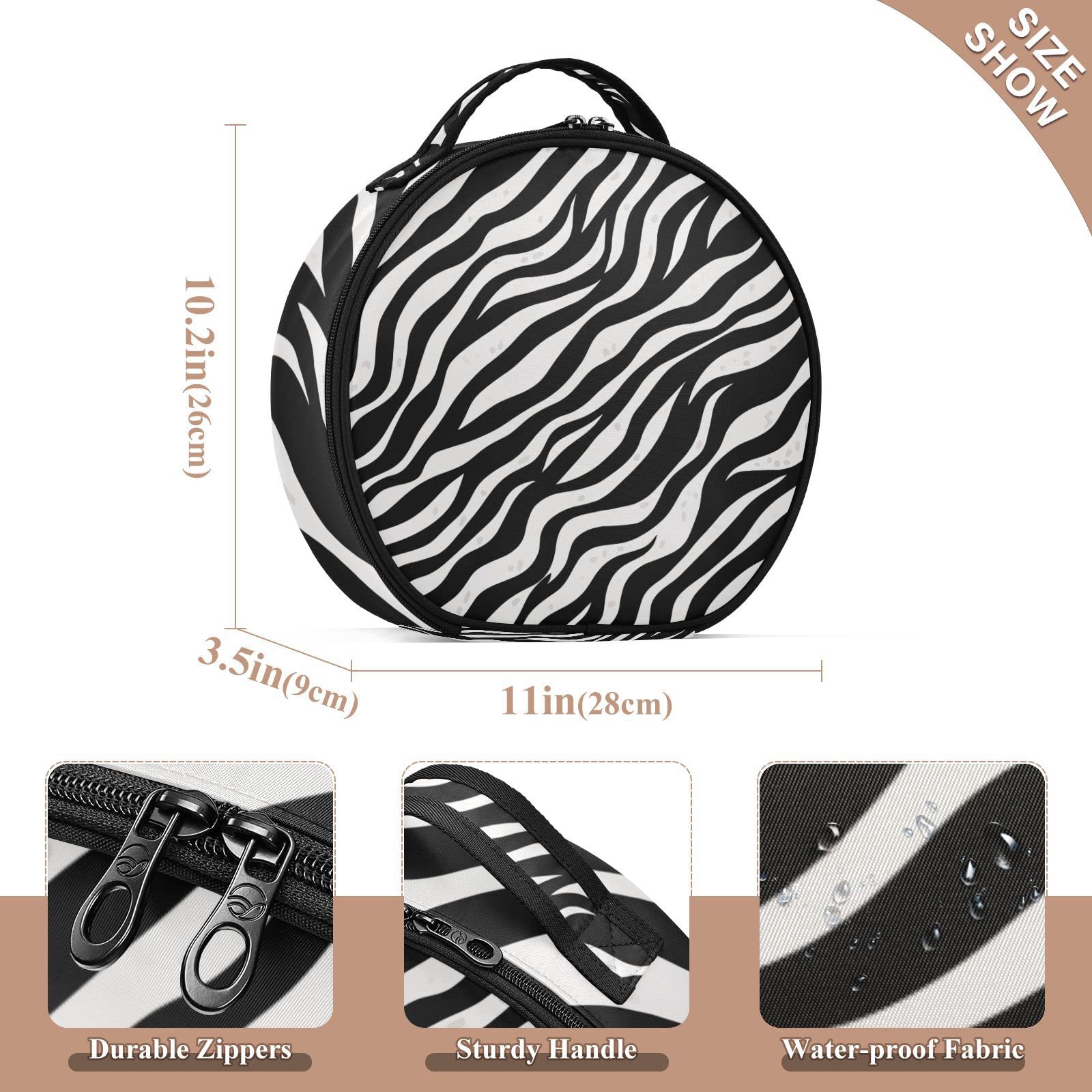 Linqin Portable Makeup Bag for Women - Travel Makeup Organizer with Adjustable Dividers, Black White Zebra Fur Cosmetic Case for Brushes, Toiletries & Jewelry | Perfect for Travel, Gym & Daily Use