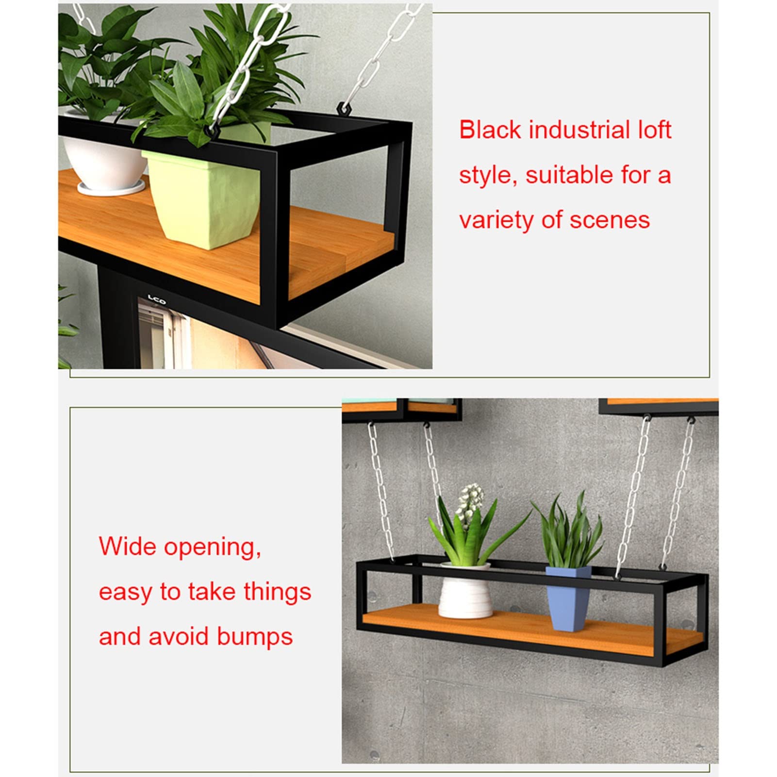 Industrial Floating Shelves for Kitchen & Bar - Solid Wood & Metal Iron Ceiling Shelf, Wall Mounted Pot Pan Rack, Hanging Basket for Storage & Decoration - Perfect for Restaurant, Home Decor & Flower Display