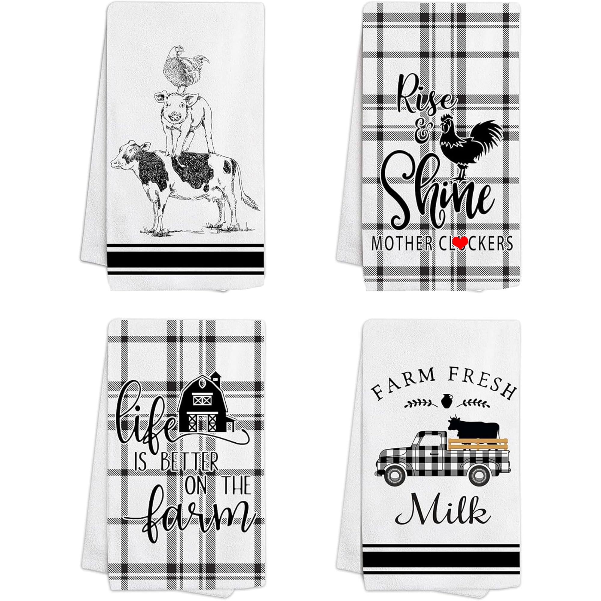 Farm Animal Themed Kitchen Towels Set of 4 - Rooster & Cow Print Cotton Dish Cloths for Drying Dishes, Farmhouse Decor Tea Towels, Perfect Housewarming Gifts for New Home | Ideal for Kitchen Use, Dish Drying, and Farmhouse Style Home Decor
