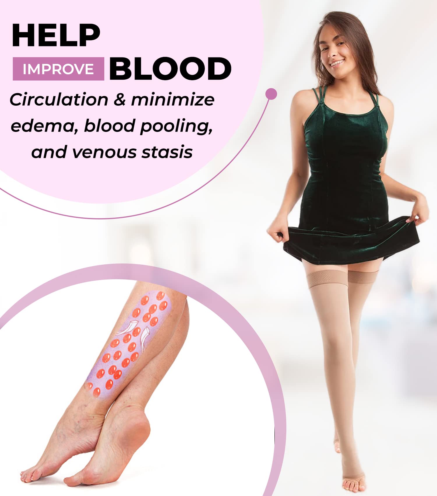 GABRIALLA 20-30 mmHg Thigh High Open Toe Compression Stockings for Women - Medical Grade Graduated Support for Varicose Veins, Swelling & Circulation - Perfect for Travel, Pregnancy & Nurses
