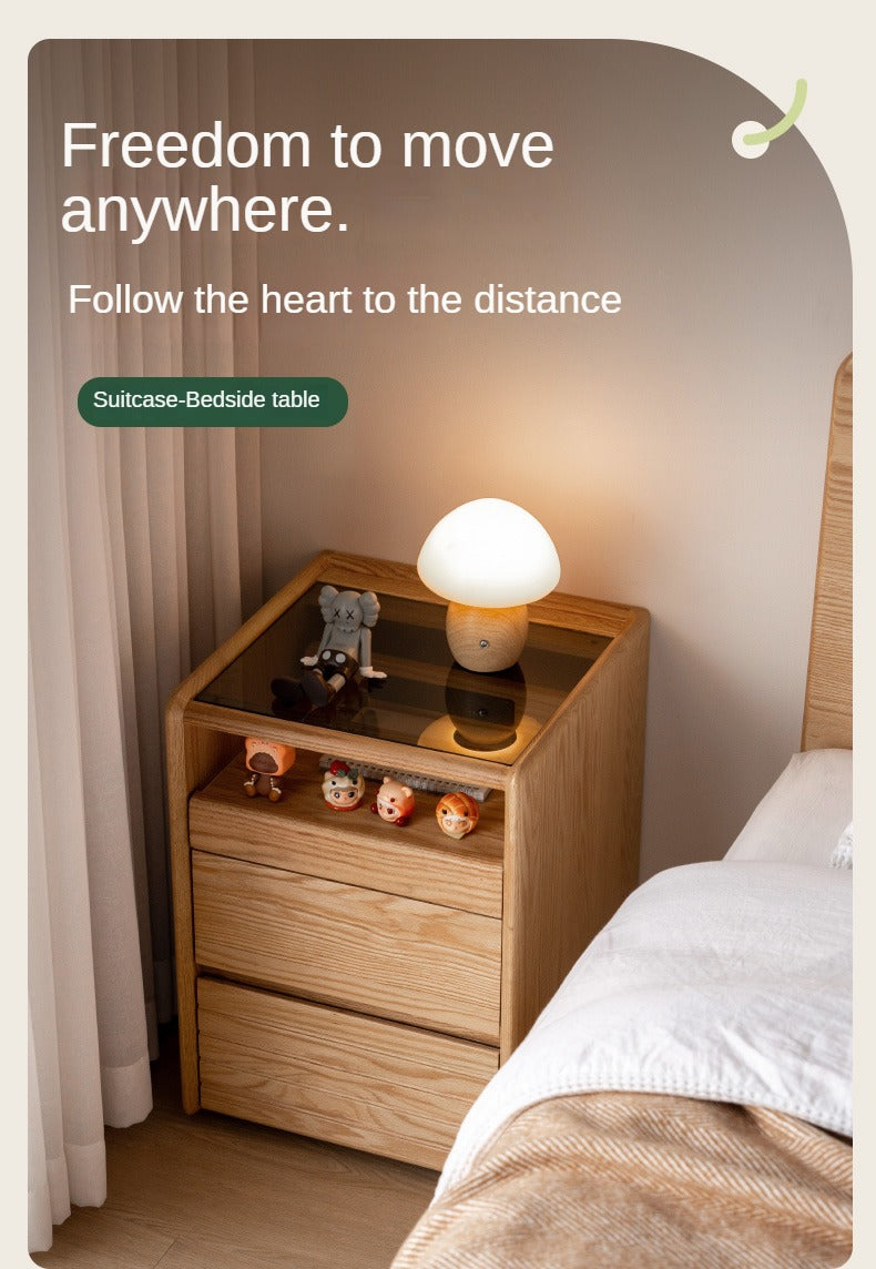 Solid Oak Wood Nightstand with Glass Top - Modern Movable Bedside Table for Bedroom, Living Room, or Office