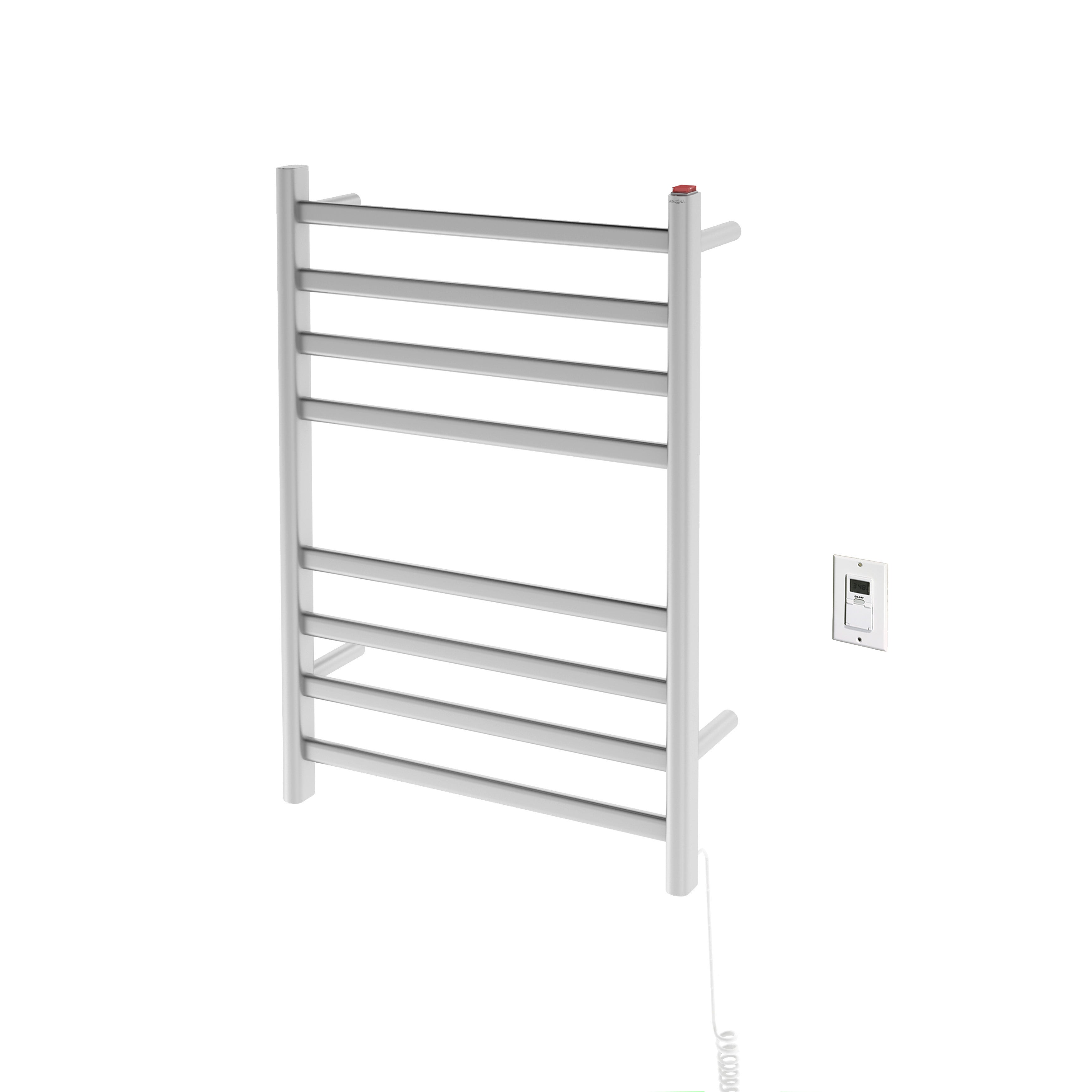 Prima Dual Extended 8 Bar Hardwired & Plug-in Electric Towel Warmer with Digital Timer - Brushed Stainless Steel - Perfect for Bathrooms, Spas & Luxury Hotels