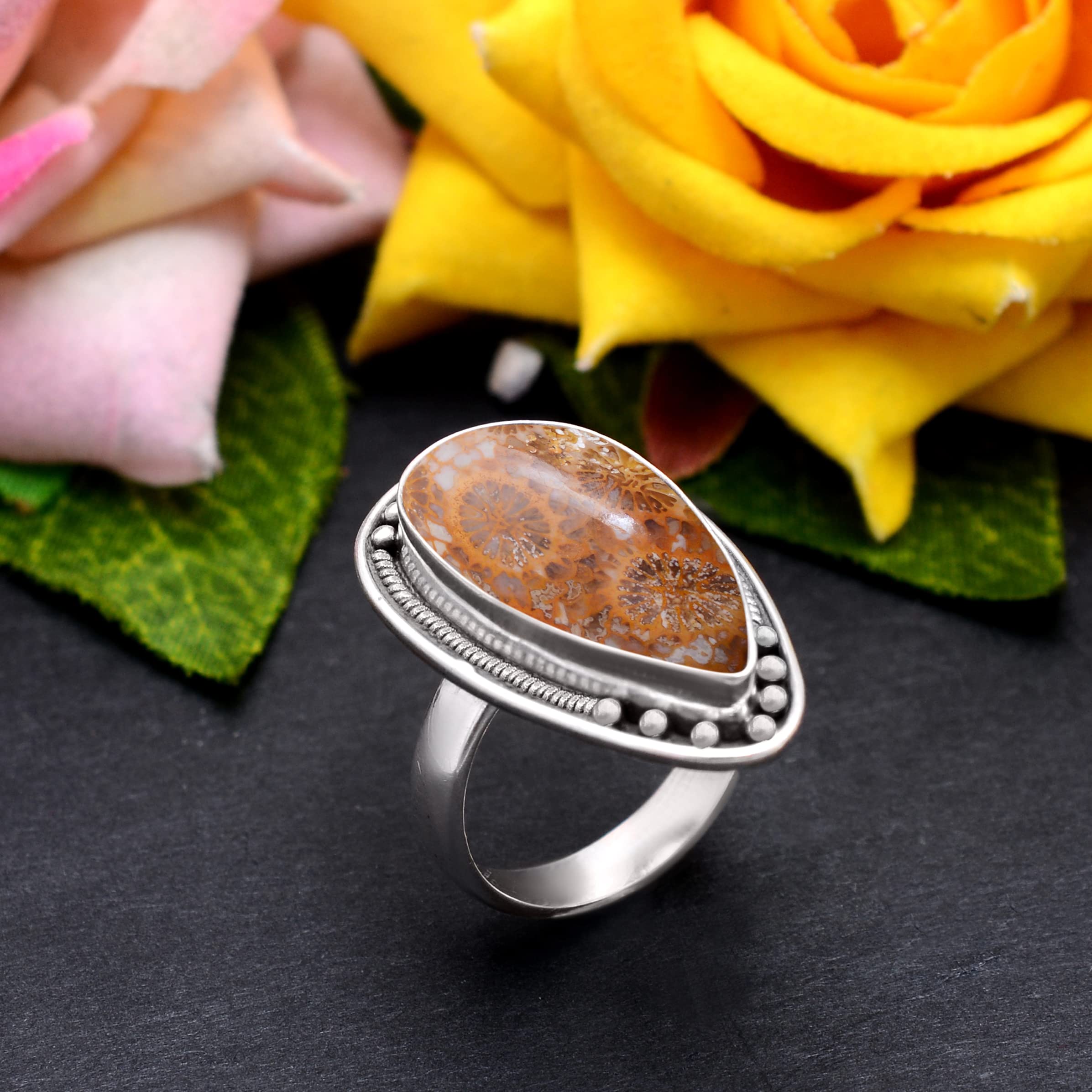 Veracity Jewelry 925 Sterling Silver Fossil Coral Jasper Ring for Women - Healing Meditation Gemstone Jewelry - Yellow Orange Jasper Stone Ring (VSR-211) - Perfect for Spiritual Healing, Yoga Practice & Everyday Elegance