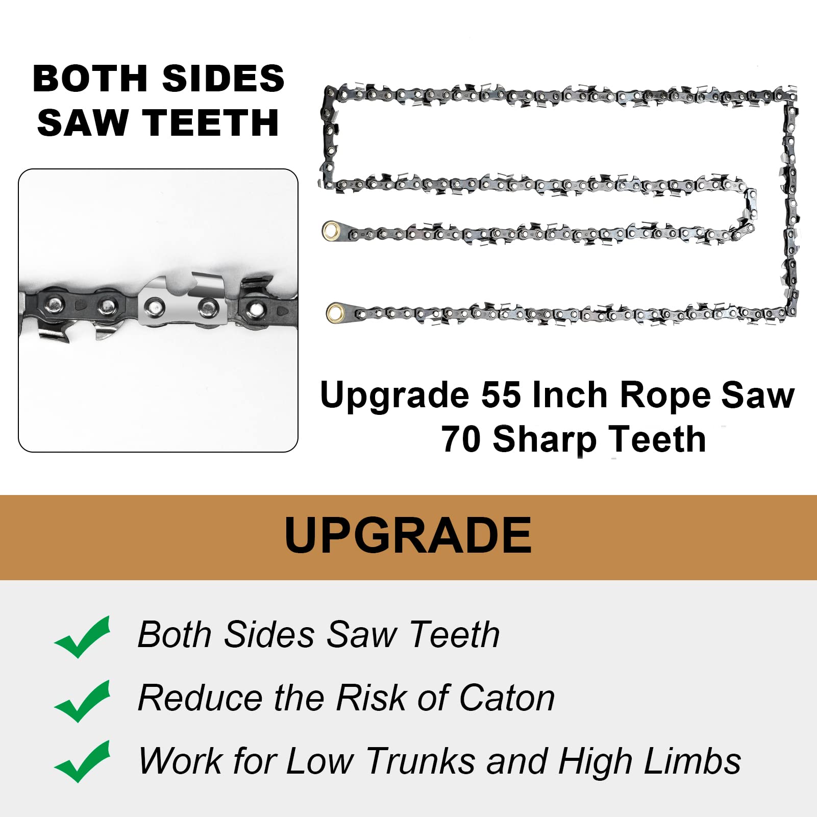 55 Inch Rope Chain Saw with 70 Sharp Teeth & 46 Feet Ropes Kit - Heavy Duty Tree Limb Cutter, Portable Pocket Chainsaw for Camping, Hiking, and Emergency Survival