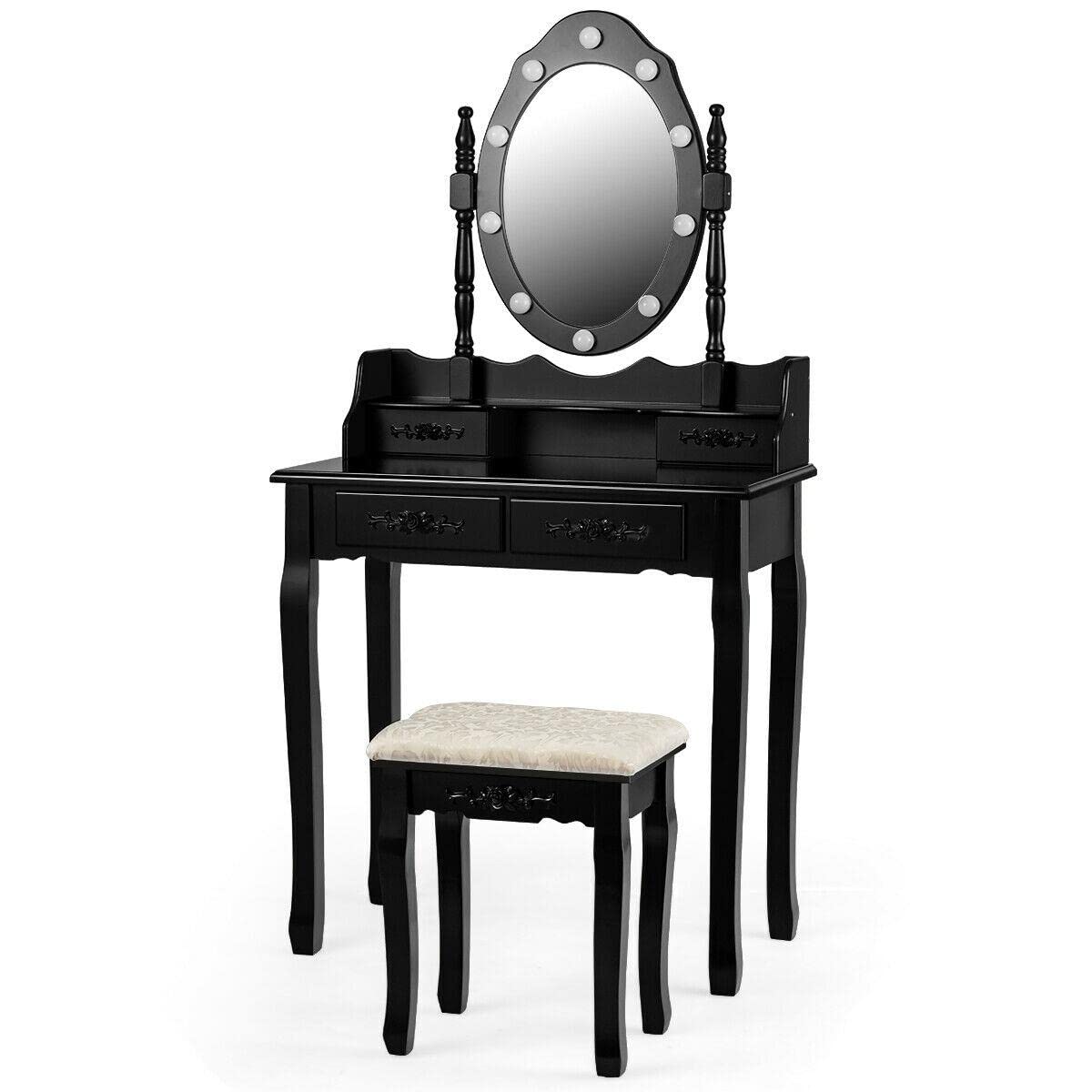 Institu Makeup Vanity Dressing Table Set with 10 Dimmable LED Bulbs & Cushioned Stool - Black Vanity Desk for Bedroom, Portable Makeup Vanity Set with Side Tables - Perfect for Home Salon, Bridal Dressing & Beauty Room Organization