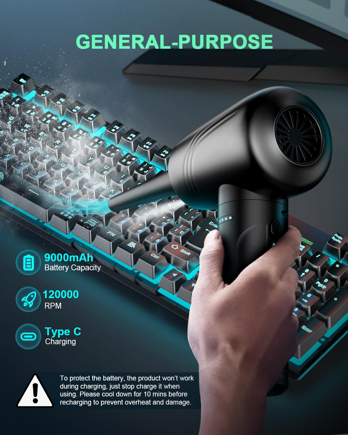 11-in-1 Electric Air Duster - 120000 RPM Cordless Keyboard Cleaner with 3-Speed Adjustable & LED Light, 9000mAh Reusable Compressed Air for Computer, Car, Office - Perfect for Cleaning Electronics, Keyboards, Car Interiors, and Home Appliances