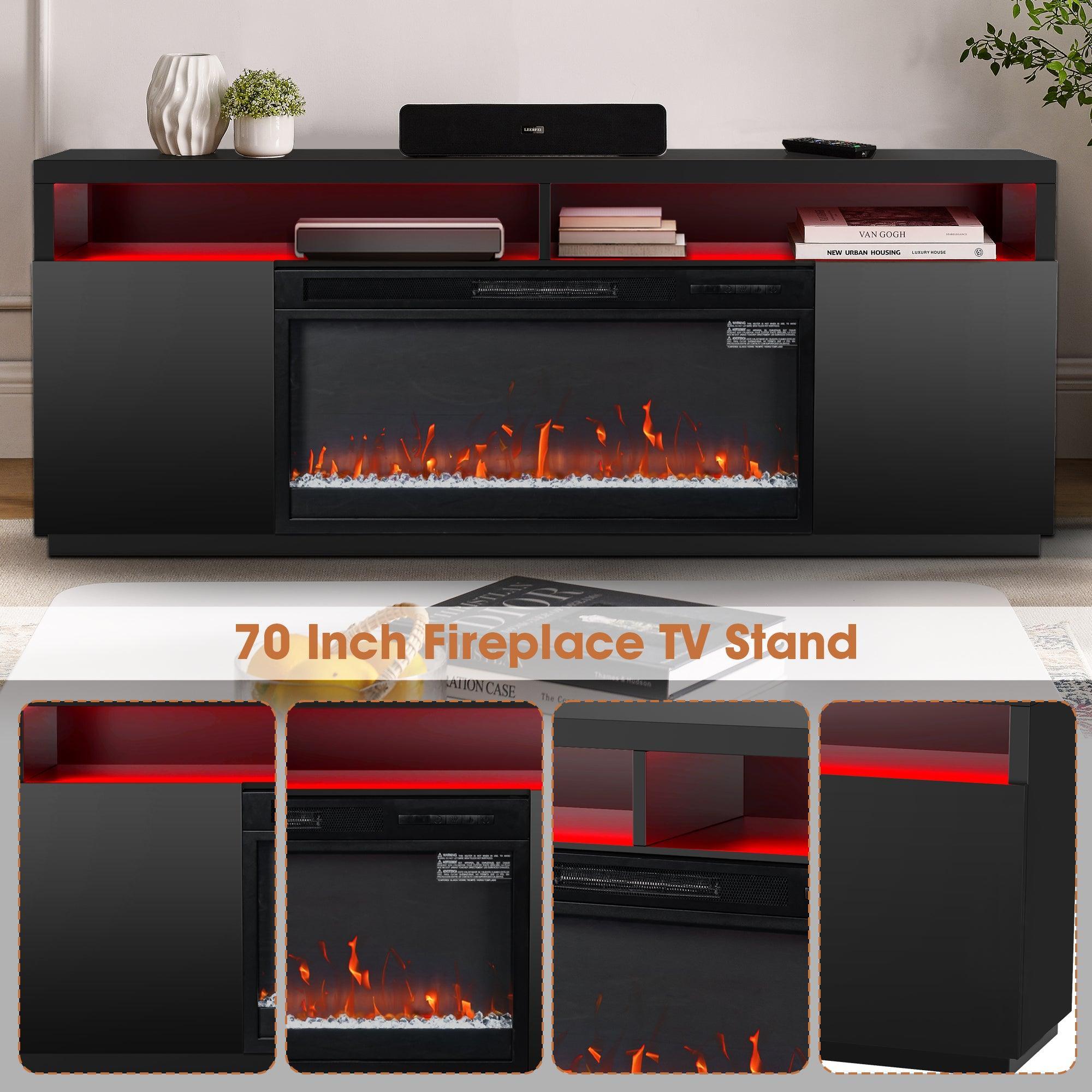 Modern 68-Inch LED TV Stand with 36-Inch Insert Opening & Electric Fireplace - Black or White - Perfect for Living Room Home Theater & Cozy Winter Nights