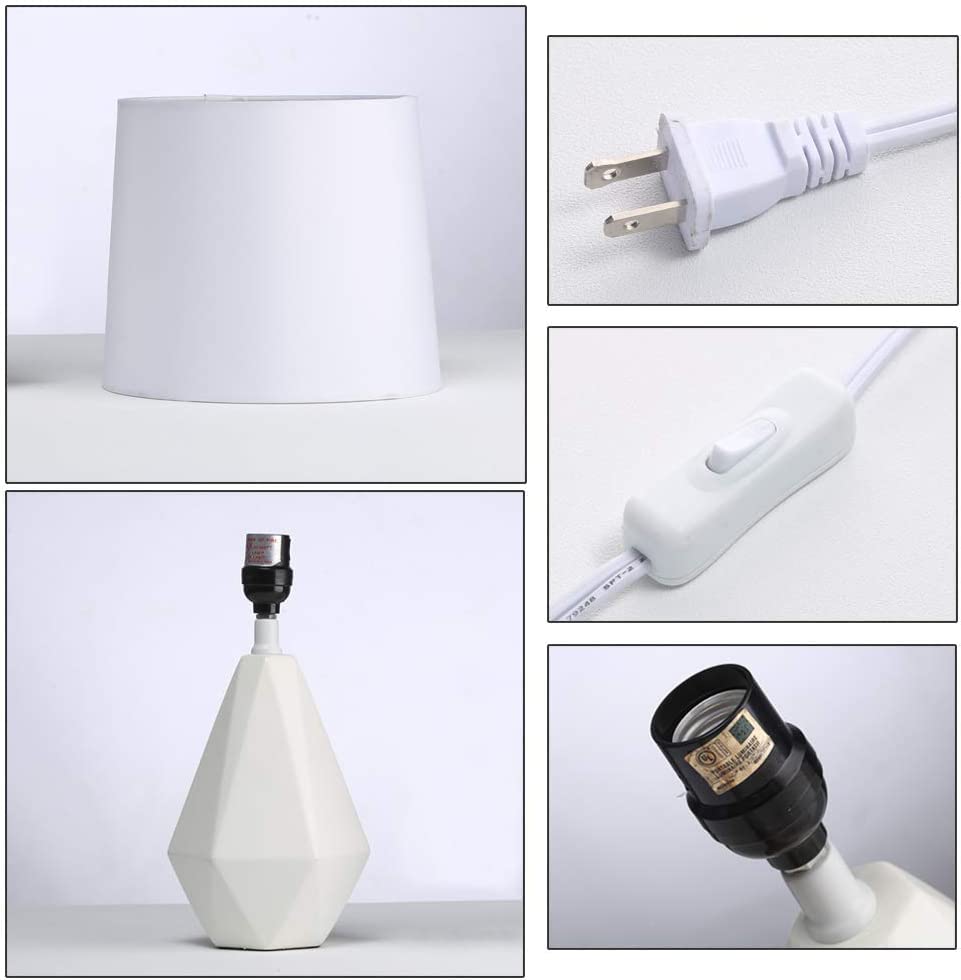 Modern White Ceramic Table Lamp - Irregular Geometric Bedside Nightstand Lamp with Fabric Shade for Bedroom, Living Room & Kitchen | Perfect for Reading, Decor & Ambient Lighting