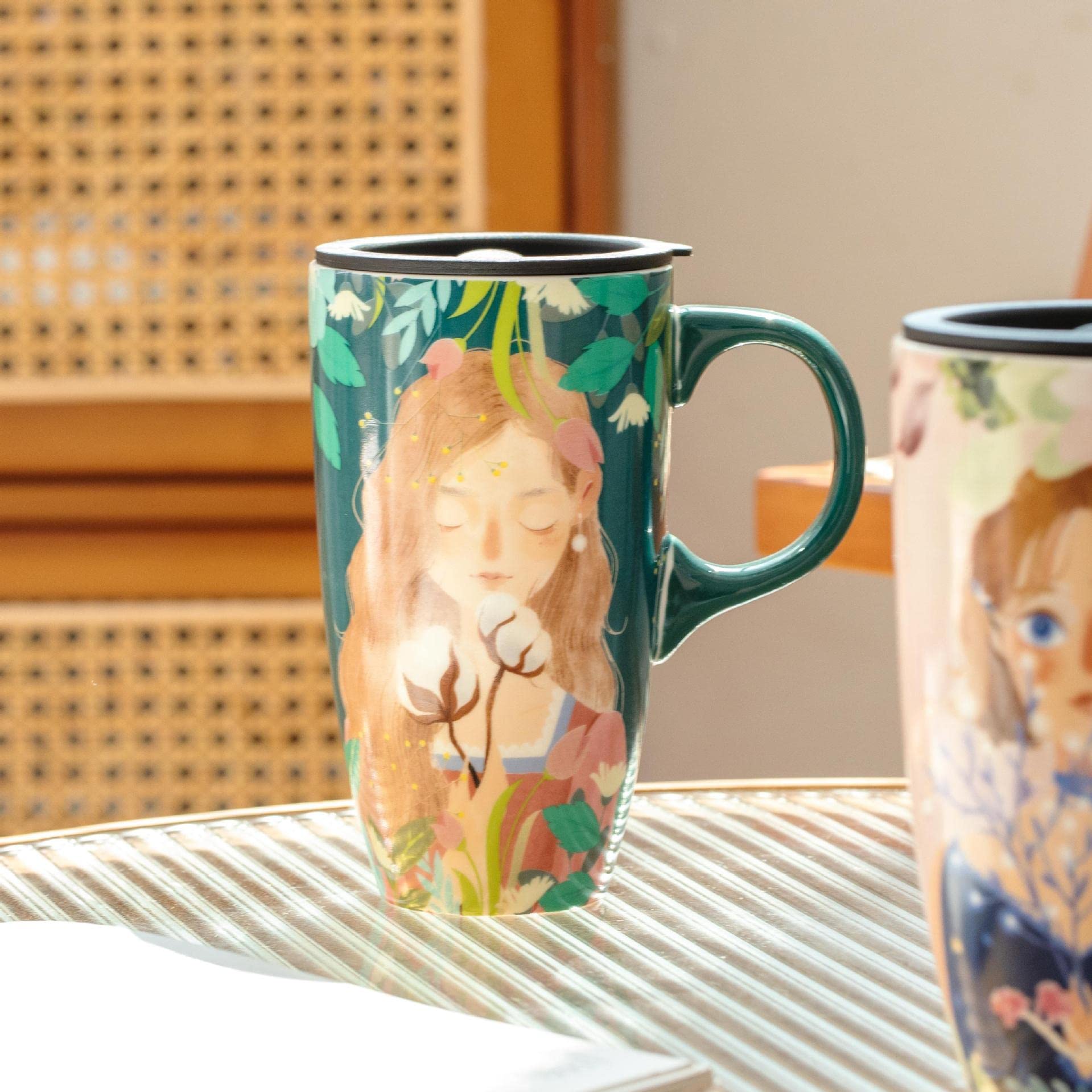 Forest Girl Ceramic Coffee Mug with Lid - Cute Cartoon Painting Design for Tea, Milk & Hot Drinks - Perfect Birthday Gift for Home & Office Use (Green)