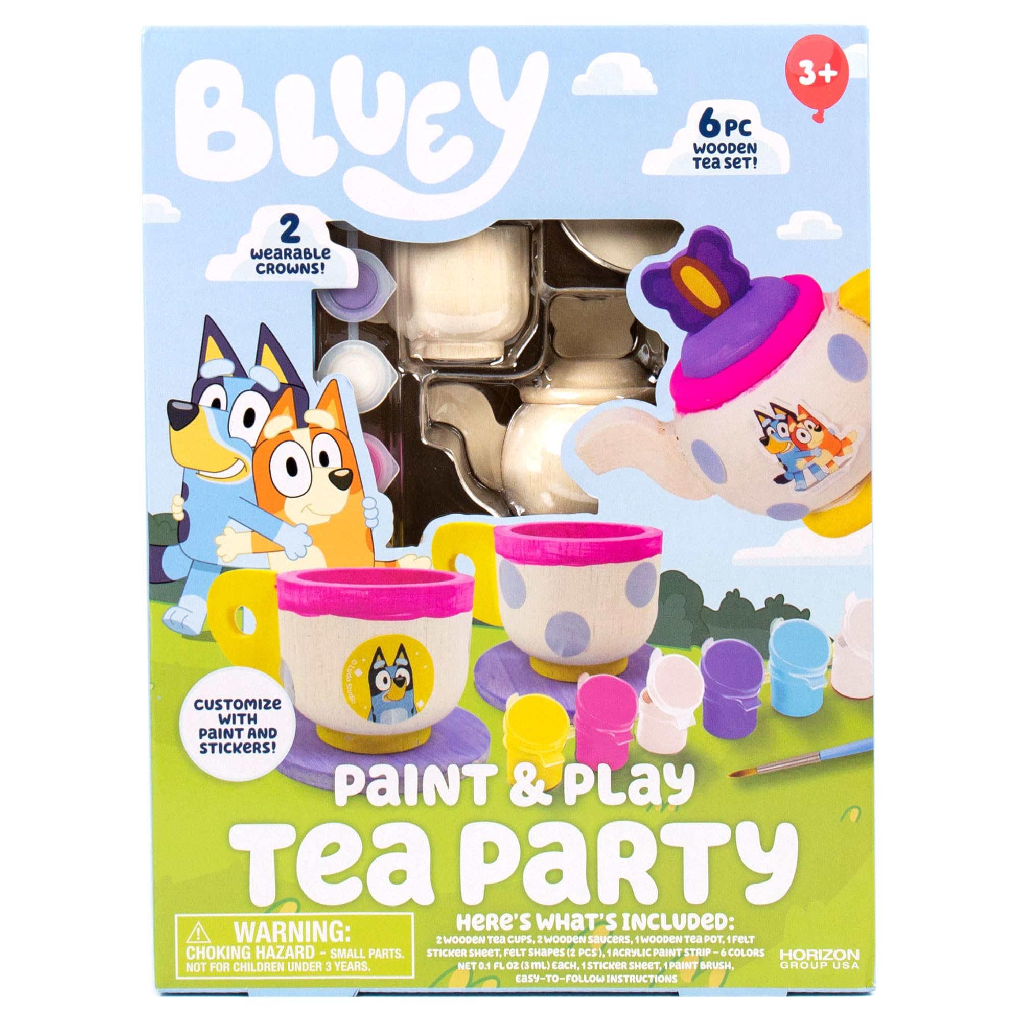 Bluey Paint & Play Tea Set - 6-Piece Wooden Toy for Kids with Custom Paint & Stickers, 2 Wearable Crowns | Pretend Play, Birthday Party Decor & Creative Gift for Toddlers | Perfect for Imaginative Play, Tea Parties & Preschool Learning Activities
