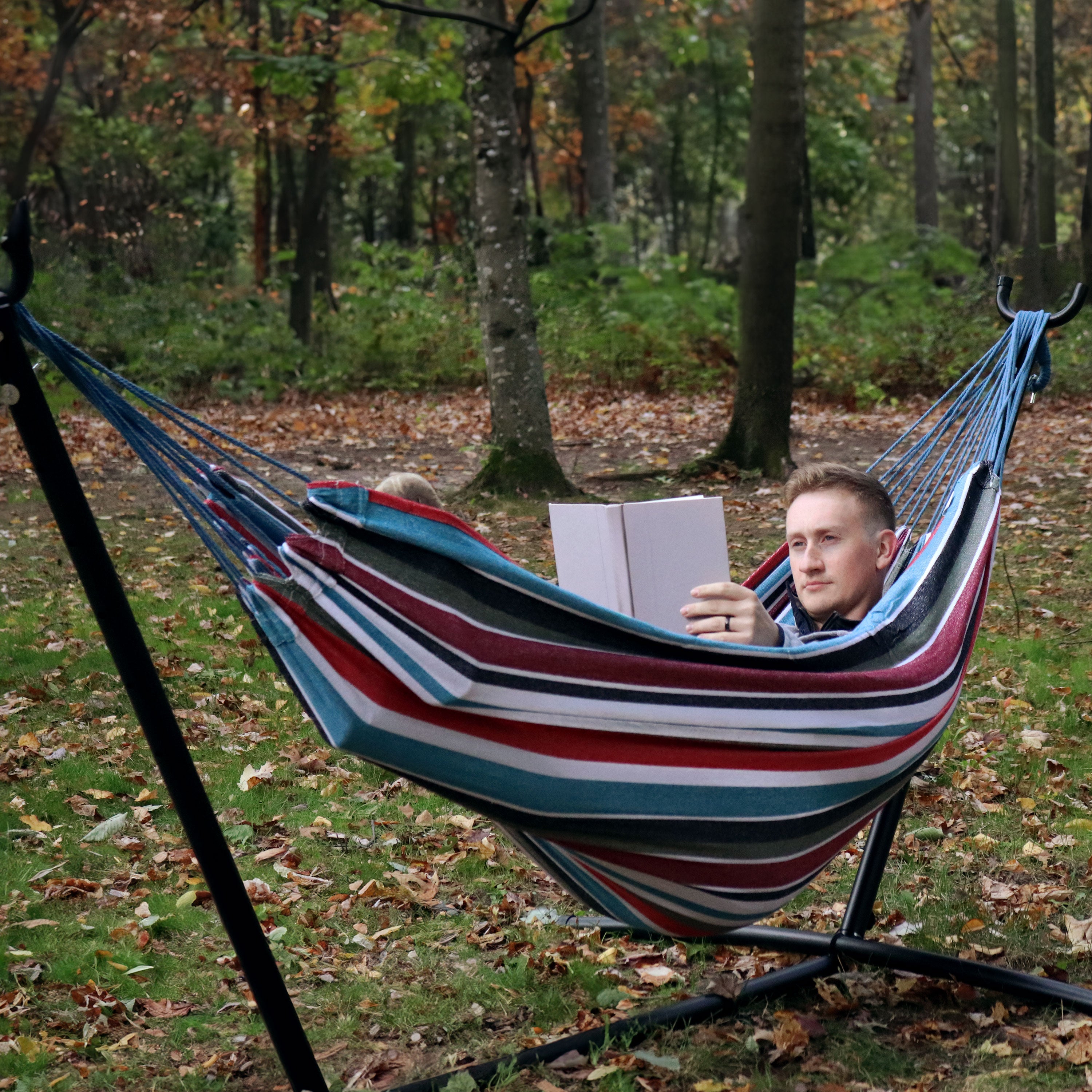 Premium Brazilian Double Hammock with Stand & Carry Bag - Heavy Duty Cotton Rope Hammock for Outdoor, Backyard, Patio & Beach Relaxation
