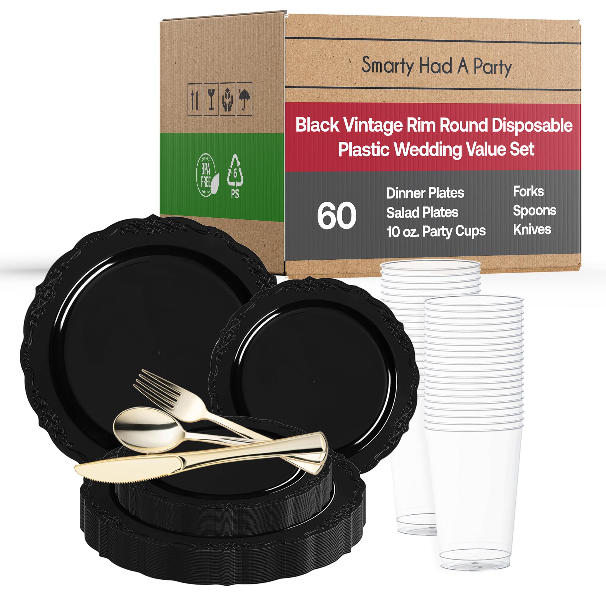 Elegant Disposable Plastic Plates for Party - 60-Piece Wedding Dinnerware Set (Black) | Perfect for Weddings, Birthdays, Catering & Outdoor Events