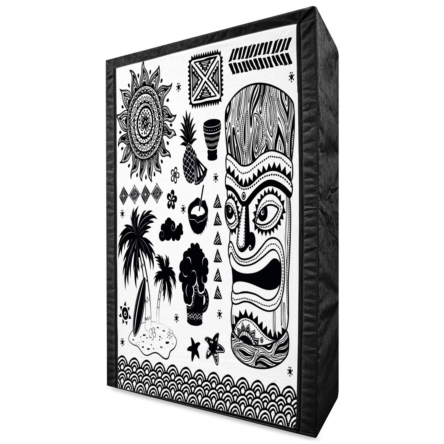 Ambesonne Tiki Bar Portable Fabric Wardrobe - Vintage Pineapple & Palm Print Clothing Organizer with Shelves, 42.5 Inch Black & White Storage Closet for Bedroom, Closet, Dorm, or Travel Use