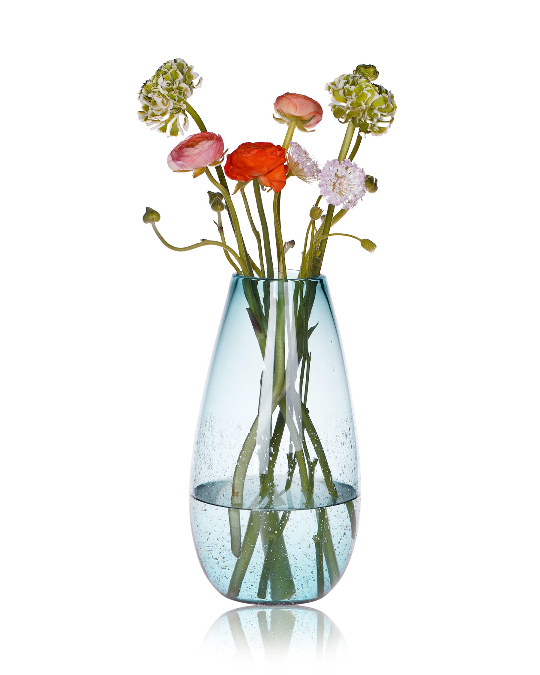 Hand Blown Glass Vase 12 Inch - Light Blue Floral Centerpiece with Rich Bubbles for Home Decor | CASAMOTION Tall Flower Vase for Wedding, Dining Table & Living Room Decoration