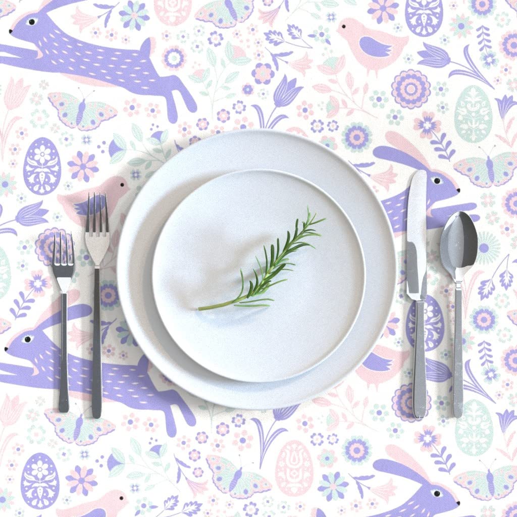 Custom Easter Bunnies Pink Flowers Purple Tulips Print Cotton Sateen Tablecloth 70