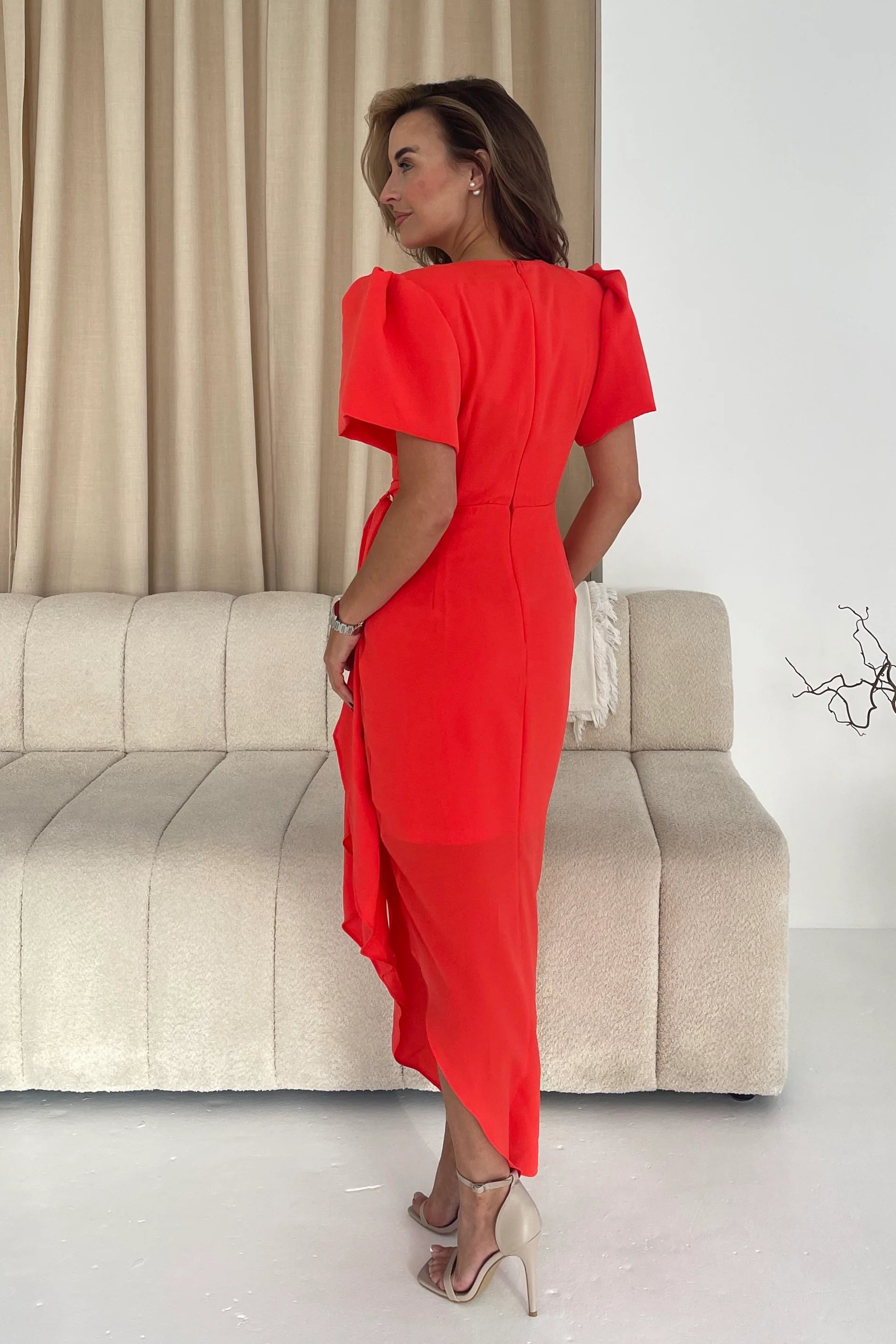 Drew Women's Puff Sleeve Midi Dress - Flowy Orange Summer Dress for Casual Outings, Beach Vacations & Date Nights