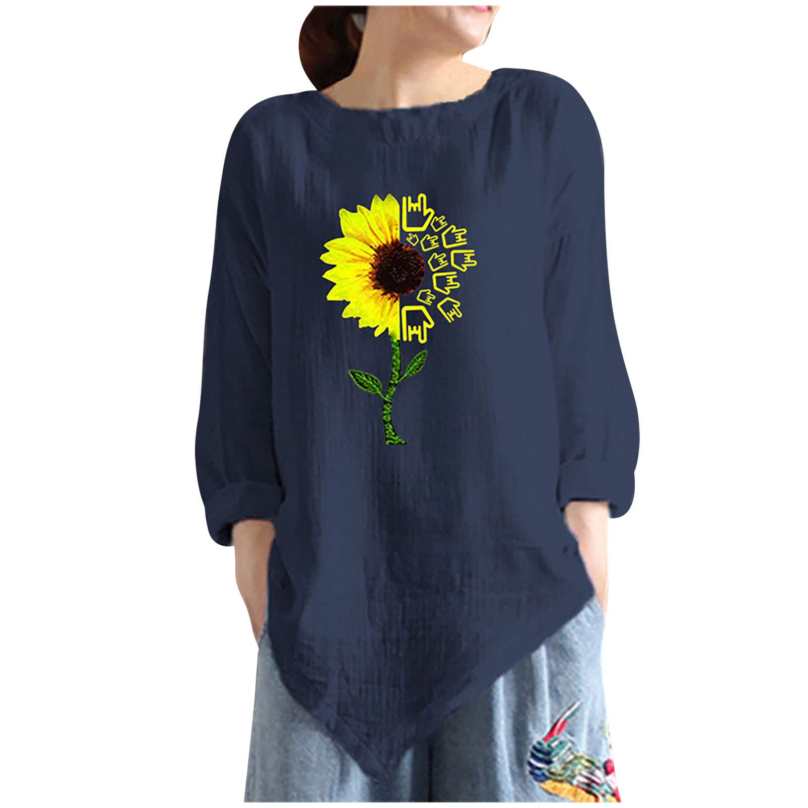 Women's Long Sleeve Linen Shirts with Sunflower Print - Fashionable Dressy Casual Blouse with Irregular Hem & Loose Fit | Perfect for Summer Outfits, Beach Vacations & Boho Style
