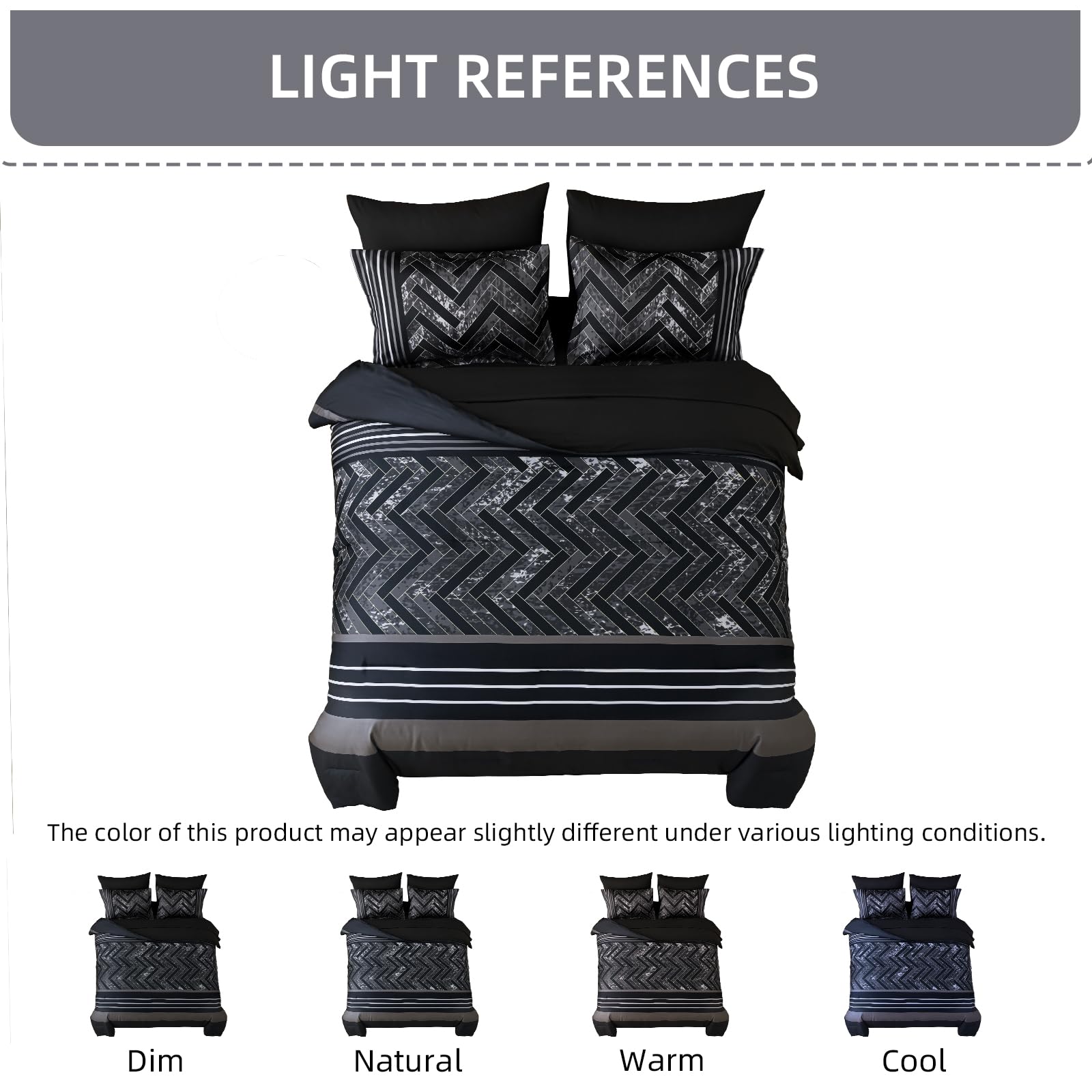Luxudecor Black Queen Size 7-Piece Comforter Set - Geometric Stripe Bed in a Bag with Soft Microfiber Sheets | All-Season Complete Bedding Set for Cozy Bedroom Decor & Guest Room Essentials