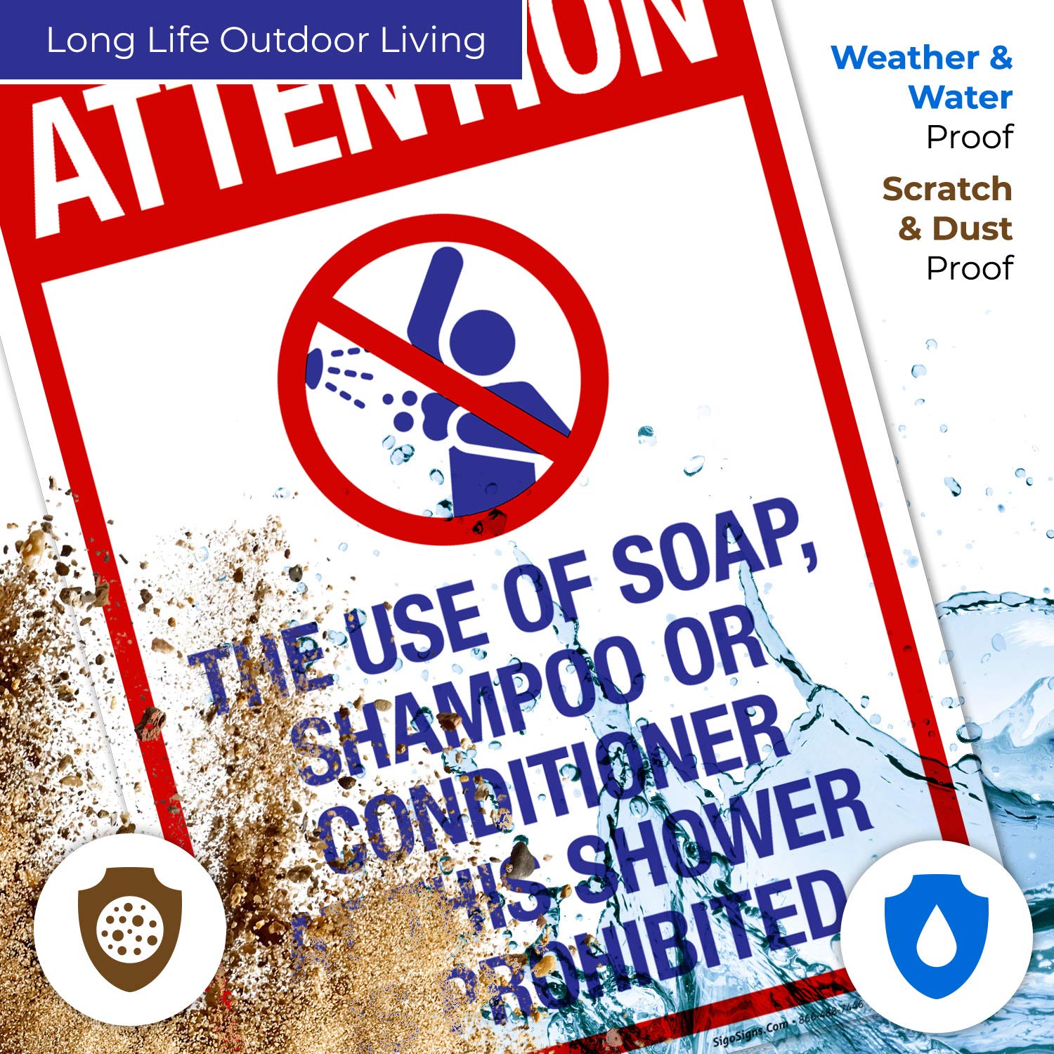 Waterproof Aluminum Shower Sign - 'Attention: No Soap, Shampoo or Conditioner' - 10x14 Inches Rust-Free Pool Sign for Indoor/Outdoor Use - Fade-Resistant Durable Sign Made in USA - Perfect for Swimming Pools, Gyms & Public Showers