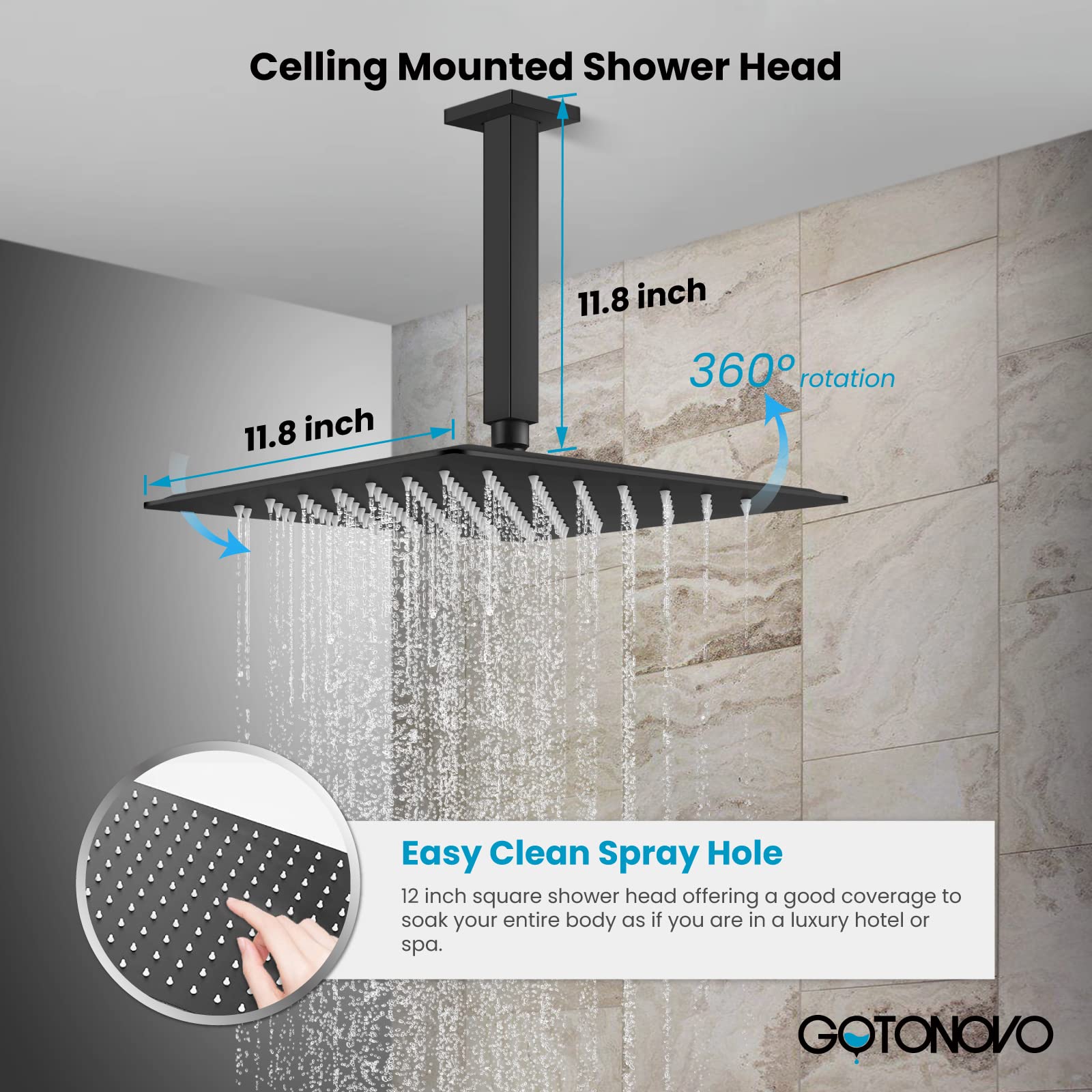 Gotonovo Matte Black Ceiling Mounted Rain Mixer Shower Faucet Set - 12 Inch Square Rainfall Shower Head with 6 Body Spray Jets, Brass Handheld Shower & Rough-in Valve - Perfect for Luxury Bathroom & Spa Experience