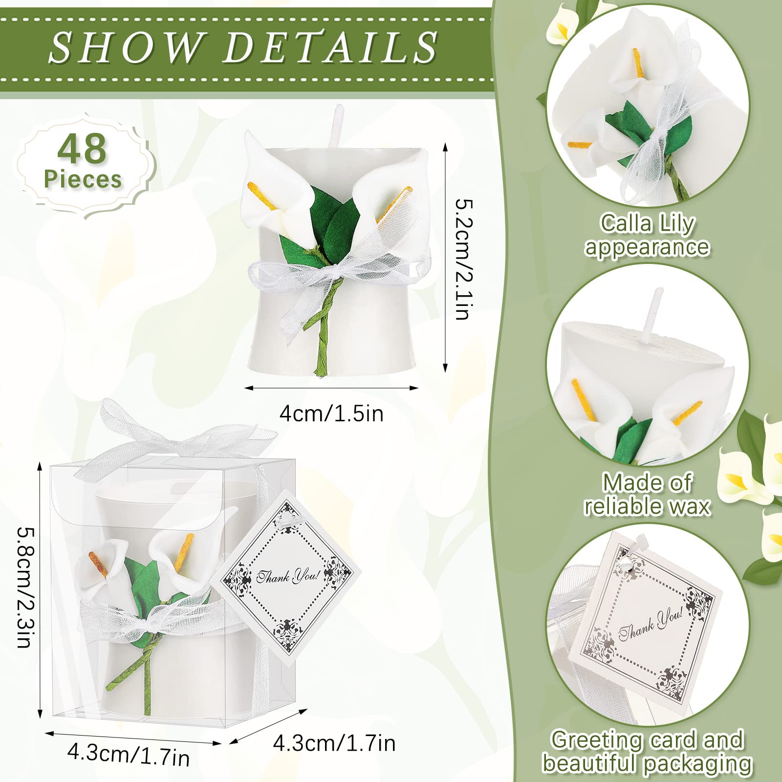 48 Pack Calla Lily Wedding Candles with Gift Box & Cards - Perfect Bridal Shower Favors & Party Keepsakes