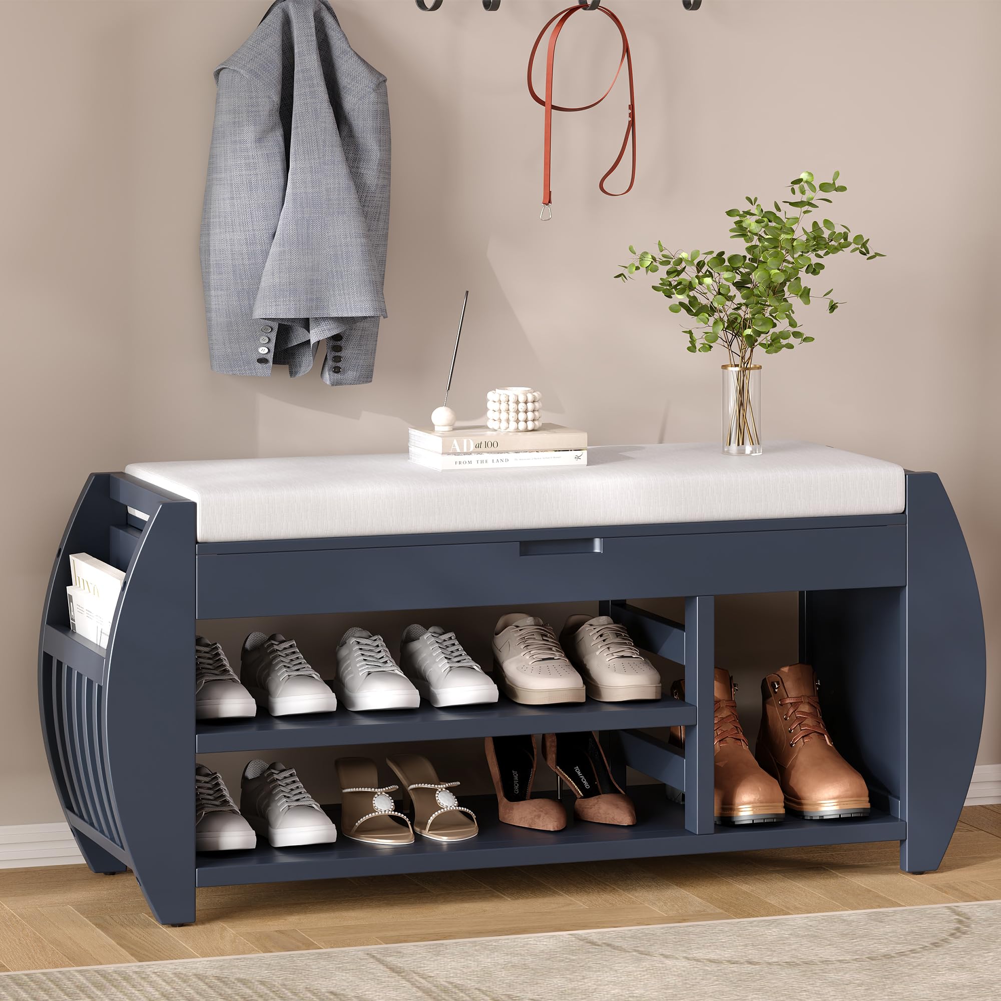 Vintage Wooden Storage Bench with Cushion - Elegant Curved Side Panels for Entryway, Living Room & Bedroom - Perfect for Home Organization & Extra Seating