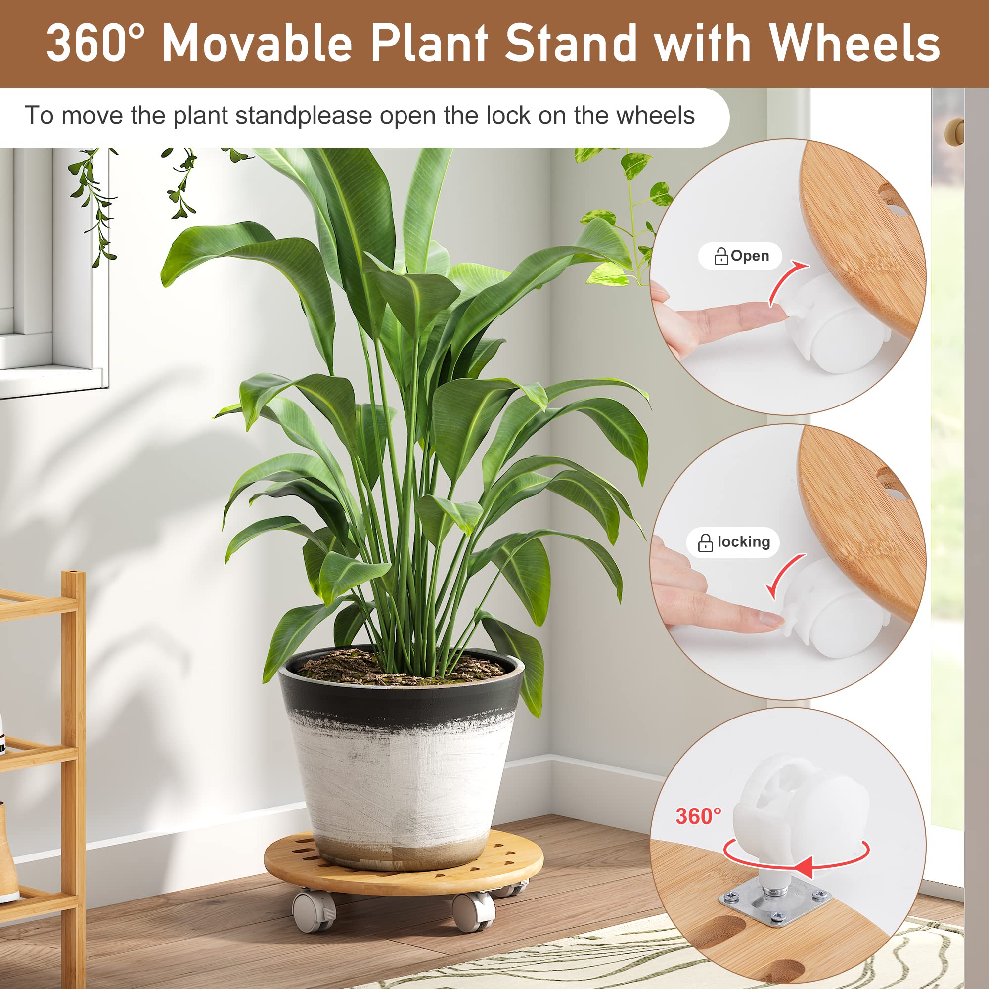 FILWH 13 Inch Bamboo Plant Caddy with 360° Lockable Wheels - 2 Pack Indoor/Outdoor Plant Stand with Pulley System - Natural Corner Display Shelf for Home Decor, Garden, Office & Patio